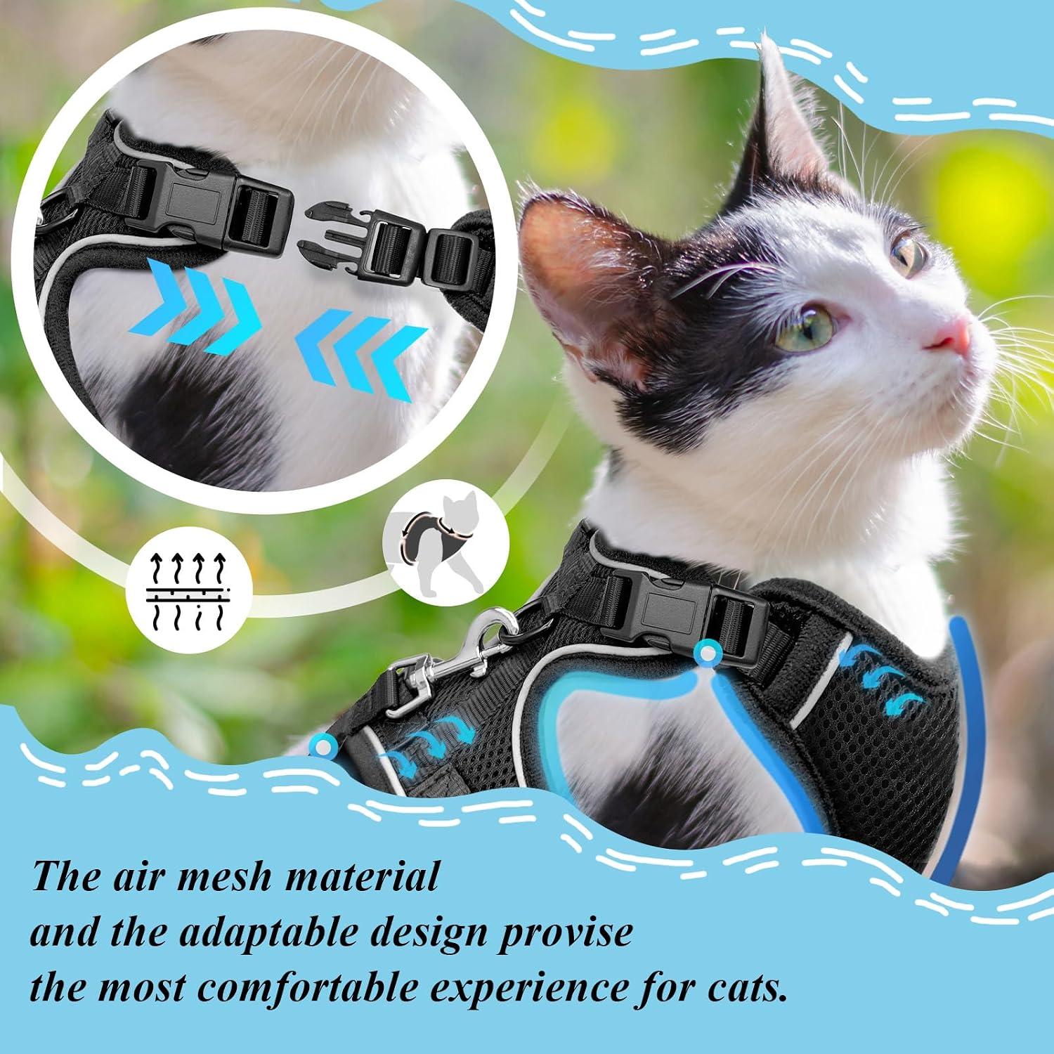 Cat Harness and Leash for Walking, Cat Car Harness, Soft Adjustable Vest Harnesses for Cats, Easy Control Breathable Reflective Strips Harness, Kitten Harness and Leash Set, Black, S - Image 3