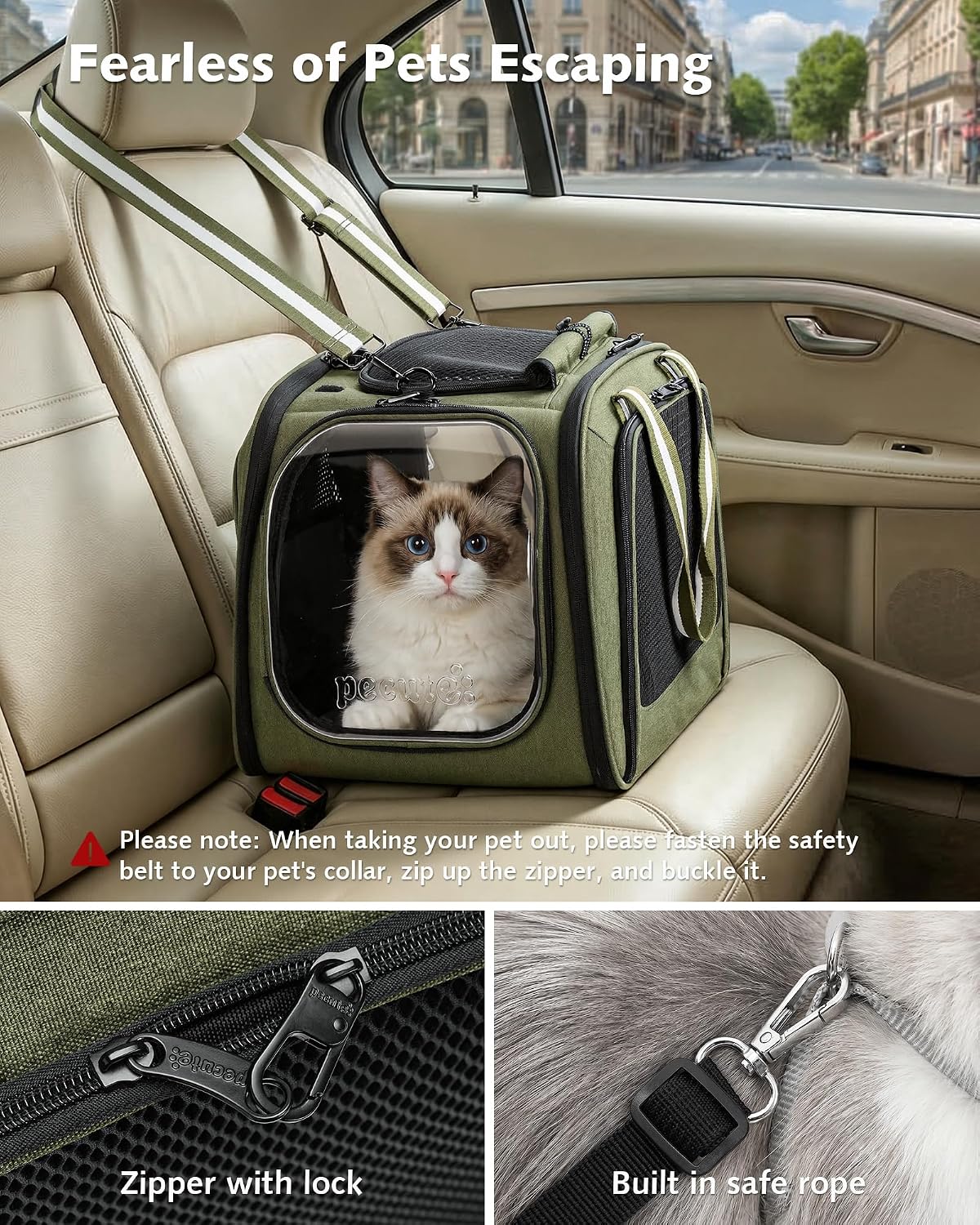 Pecute Cat Carrier with Bubble Window & Sunshade for Dogs Cats, Green L | Dual bubble windows & top sunshade, 70% more airflow mesh, Impact-resistant stable frame, Locking zippers, Fits up to 15 lbs - Image 6