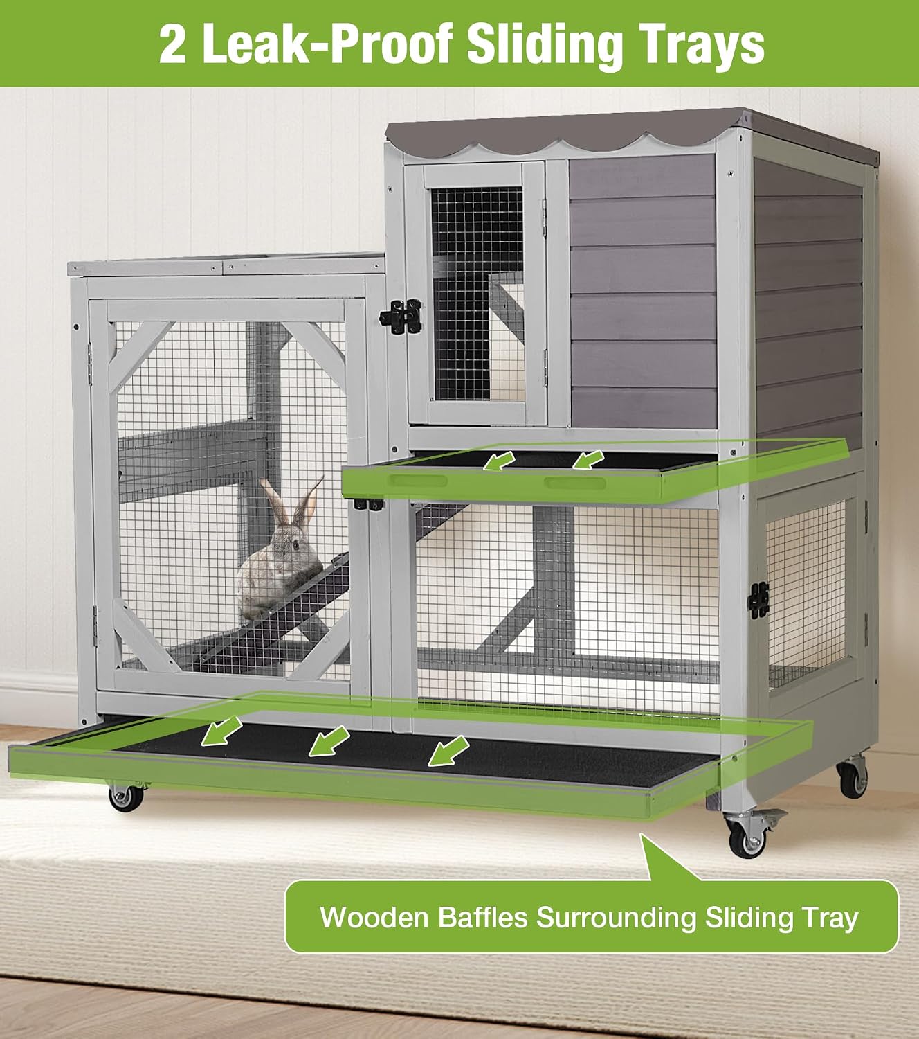 GUTINNEEN Wooden Duplex Rabbit Cage on Wheels with Chew-Proof Ramp, Grey | 4 mobile swivel casters, 2-story design, waterproof rain cover, 5 access doors, 2 sliding trays - Image 2