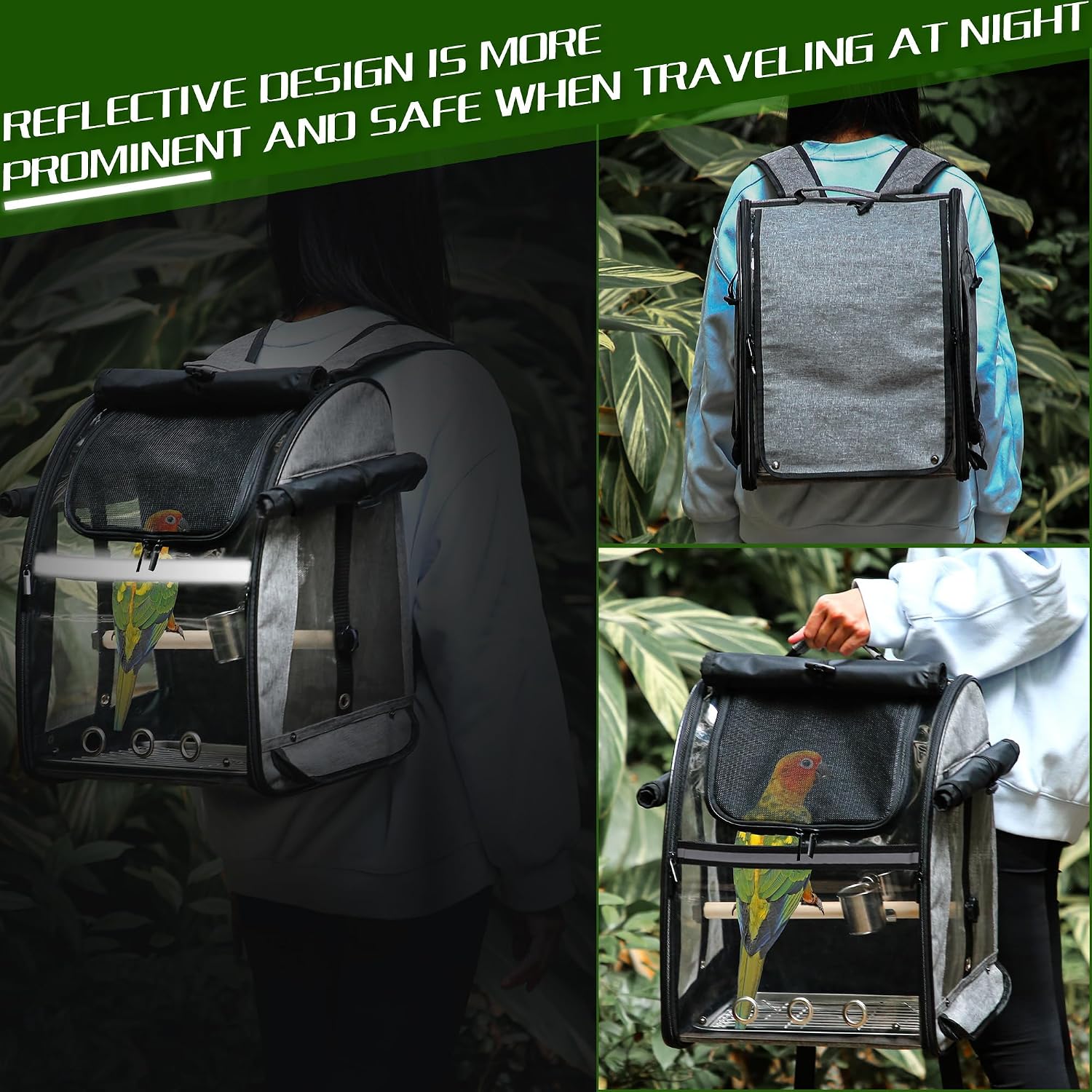 Bird Carrier Bag with Indestructible Stainless Steel Mesh, Bird Travel Cage with Stand, Easy to Clean Backpack for Parrot, Portable Bird Travel Bag, Grey - Image 5