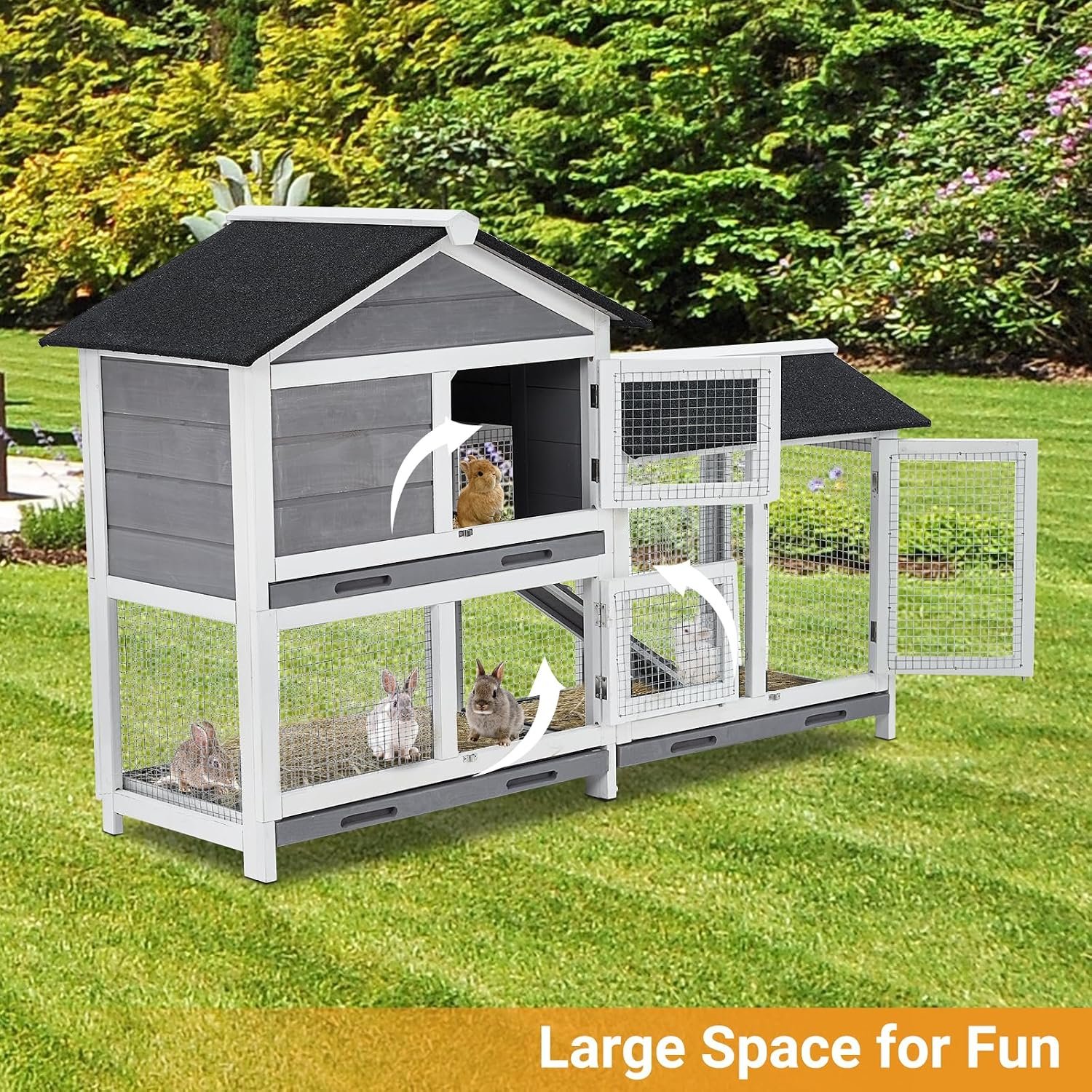 Garvee 58'' Bunny Hutch Indoor Bunny Cage, with 3 Removable Trays | Wooden Waterproof Roof Rabbit Hutch Indoor/Outdoor, 2-Tier Bunny House/Chicken Coop, Gray and Black - Image 6