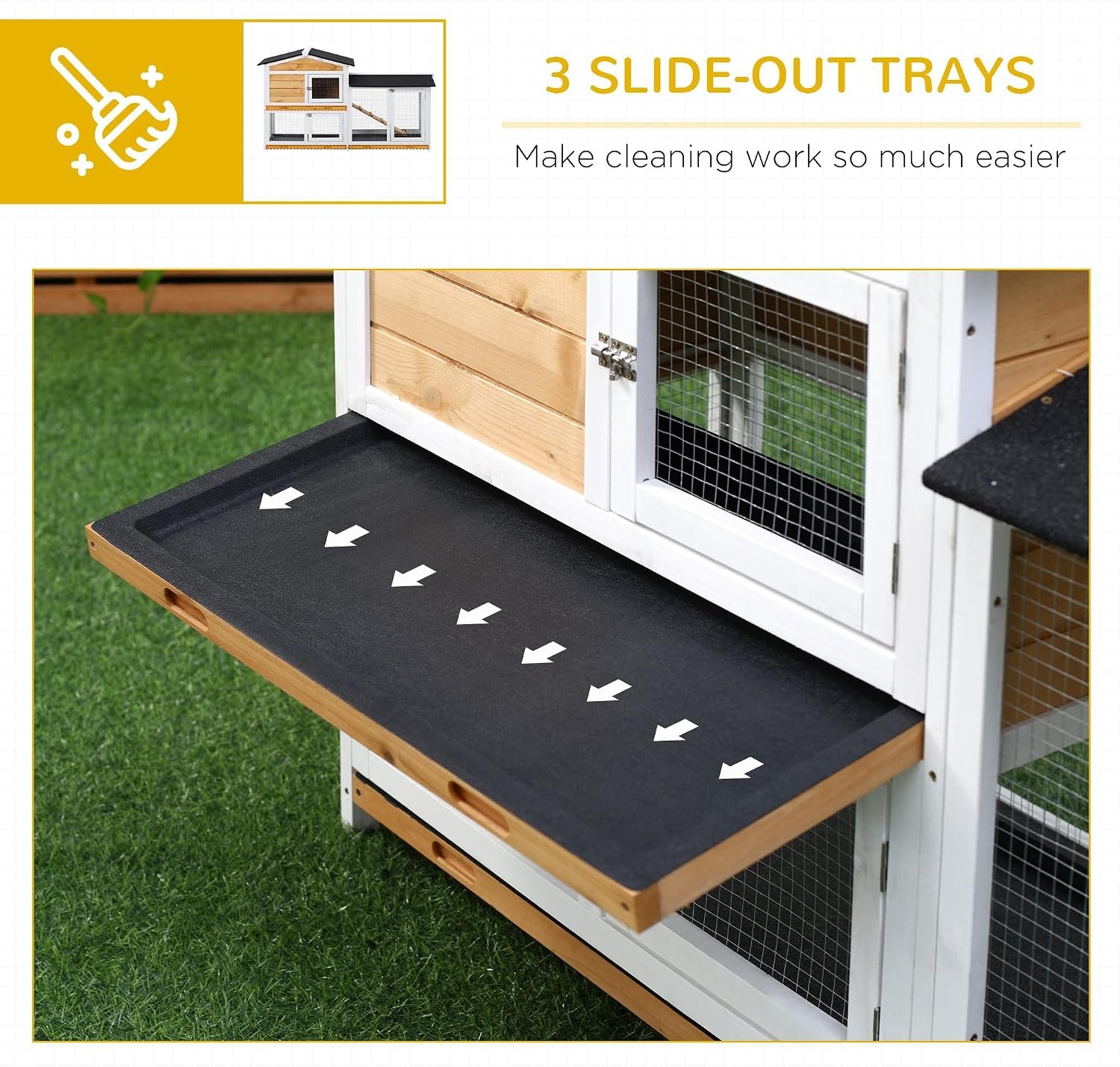 PawHut 62" Rabbit Hutch, Wooden Bunny Hutch, Guinea Pig Cage, Small Animal Enclosure with Run Area, Removable Tray, Asphalt Roof, Lockable Doors and Ramp, Nature Wood | Wooden Bunny Hutch, Guinea Pig Cage, Small Animal Enclosure, Removable Tray, Asphalt Roof, Lockable Doors, Ramp for Ducks - Image 5
