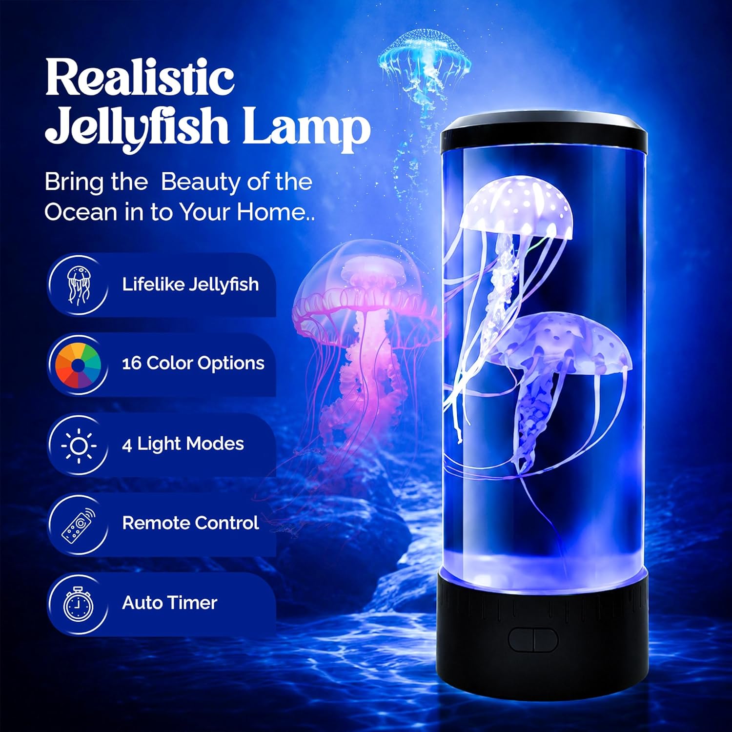 Brewish Jellyfish Lamp, 16 Color Options, 4 Mode Lifelike Jellyfish Aquarium, Auto Shutdown, Remote Control Electric Jellyfish LED Night Light, Fake Aquarium, Home Decor, Sensory Lamp for Autism, ADHD - Image 3