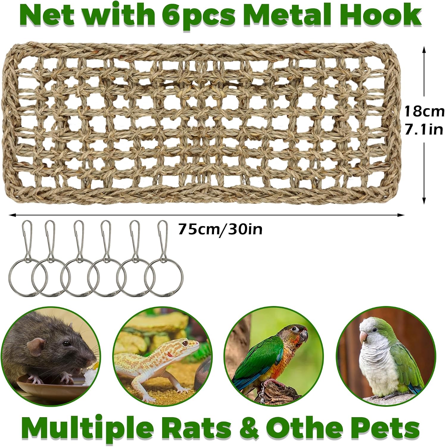 30x7inch Rat Climbing Toys for Cage, Chewable Natural Seagrass Mat | with Metal Hooks, Soft Fall Breakers for Rats, Rat Ladder Bridge Toy with Mild Grassy Scent, Rodent Hammock Cage Accessories - Image 6