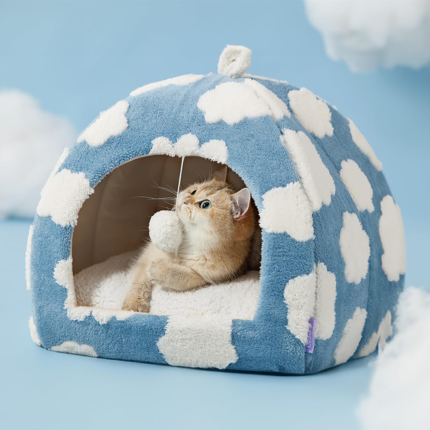Lesure 2in1 Cute Cat House for Kitten with Washable Cushioned Pillow,16in | Cat Beds for Indoor Cats,Small Pet Cave Tent,Cozy Enclosed Foldable Hideaway,Fluffy Ball,Anti Slip Bottom,Hand Strap,Blue - Image 6
