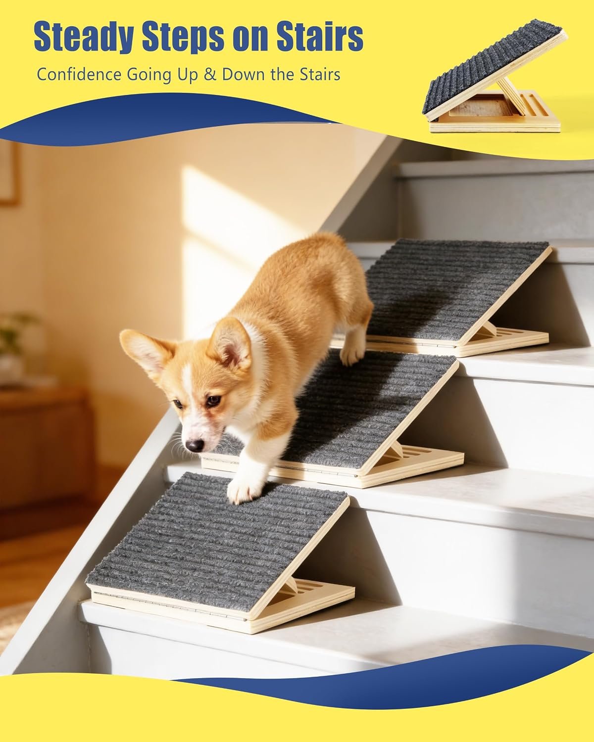 Dog Ramp for Stairs, 2 Pack Wooden Dog Stair Ramps for Small Dogs Only, Foldable Non-Slip Pet Ramp for Indoor Stairs, Adjustable Step Support for Senior, Short-Legged & Small Pets - Image 2