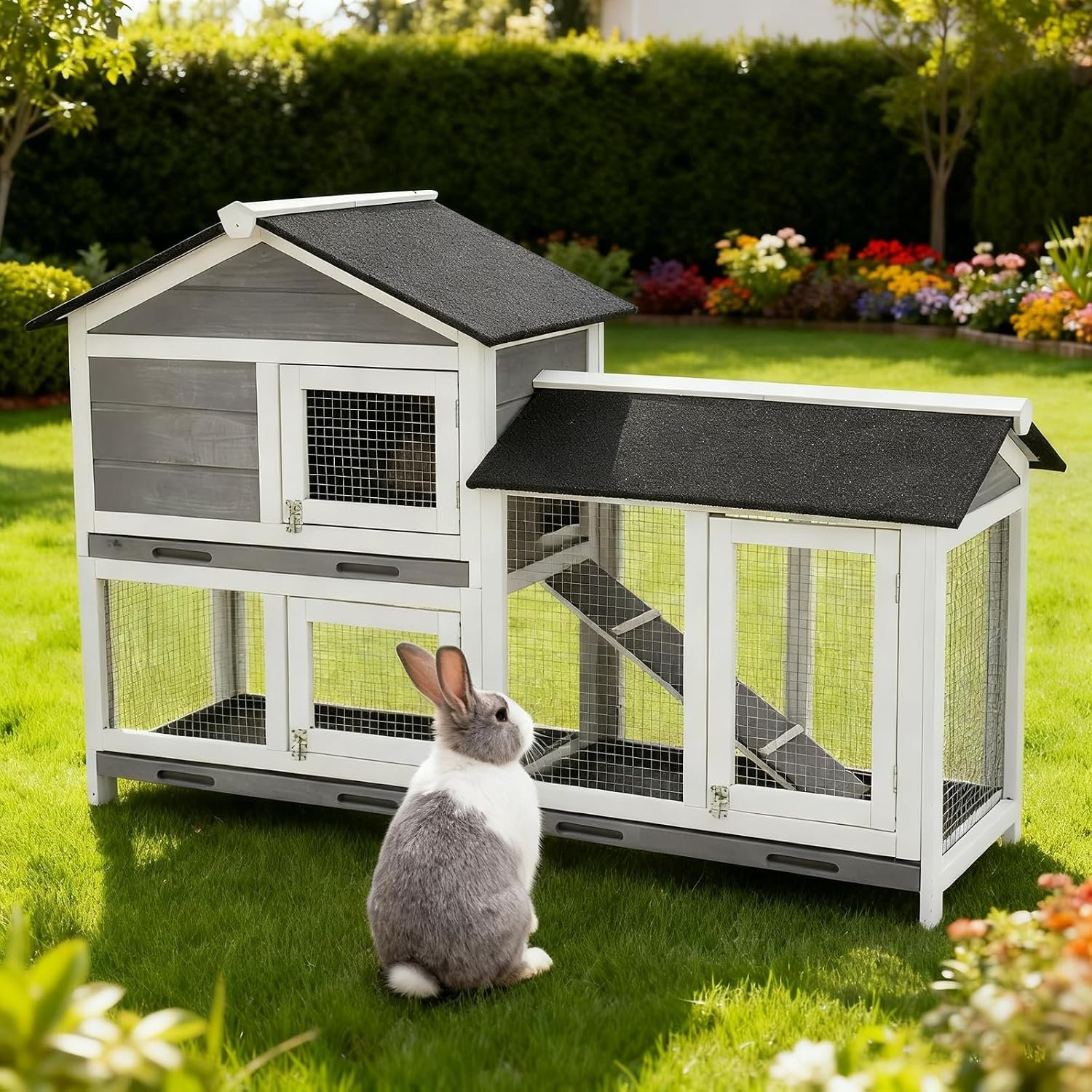 Garvee 58'' Bunny Hutch Indoor Bunny Cage, with 3 Removable Trays | Wooden Waterproof Roof Rabbit Hutch Indoor/Outdoor, 2-Tier Bunny House/Chicken Coop, Gray and Black