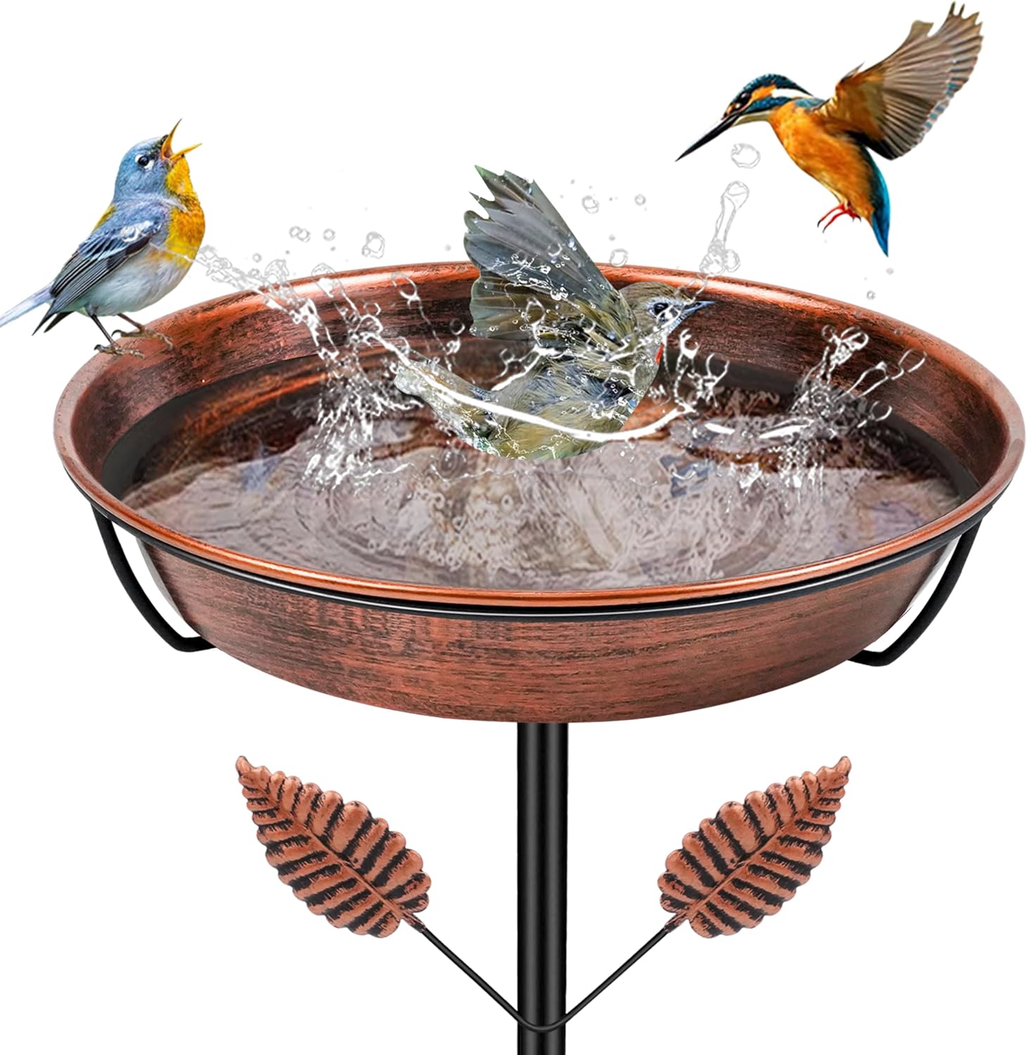 Metal Bird Bath for Outside, Freestanding Bird Baths with Removable Bowl, Birdbath & Bird Feeder with Upgraded Stable Stake for Garden Patio Yard Lawn (Vintage Brown, Leaf)