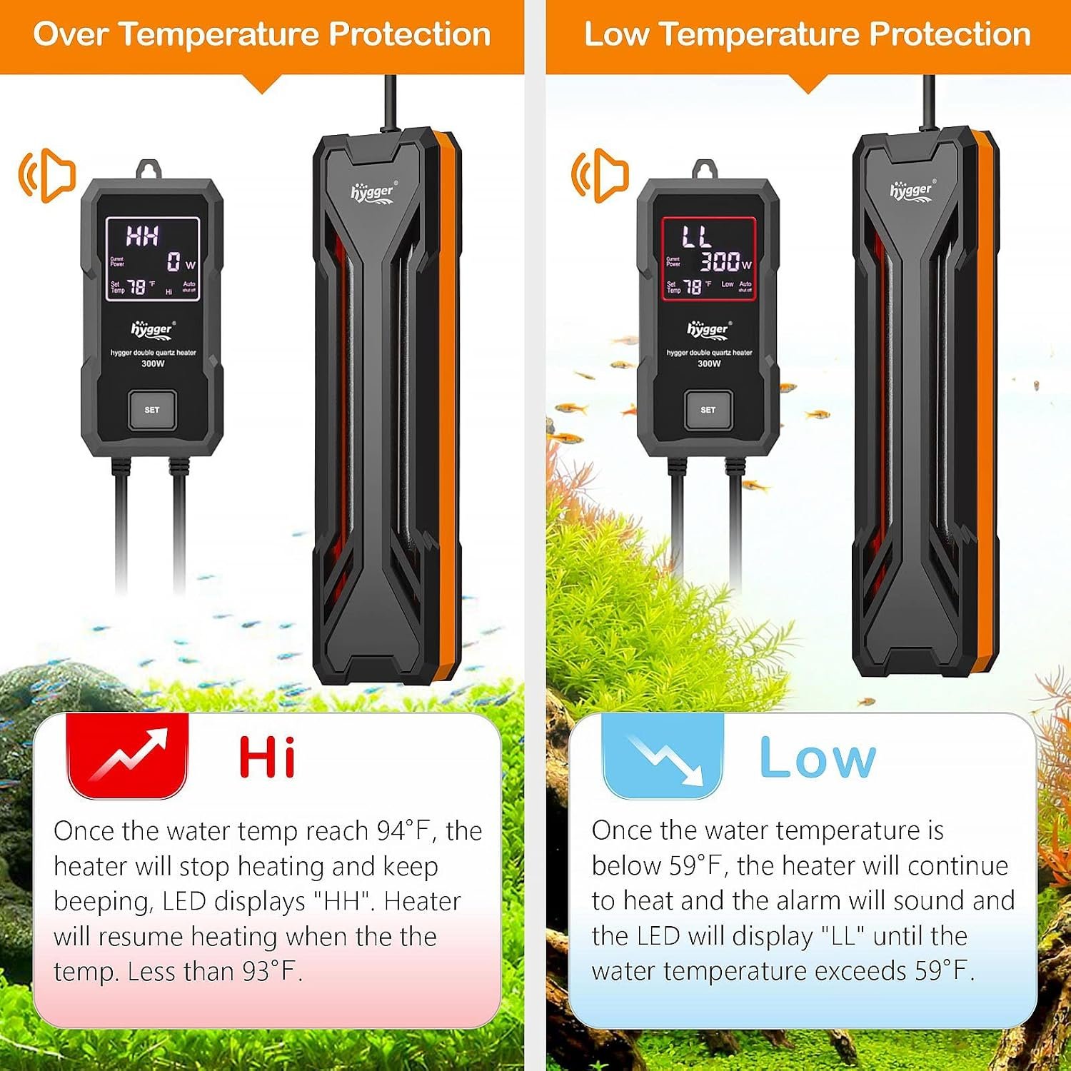 hygger Aquarium Heater 300W/500W/800W/1000W, Submersible Fish Tank Heater with Digital LED Controller and Intelligent Leaving Water Automatically Stop Heating System, for Freshwater and Saltwater - Image 3