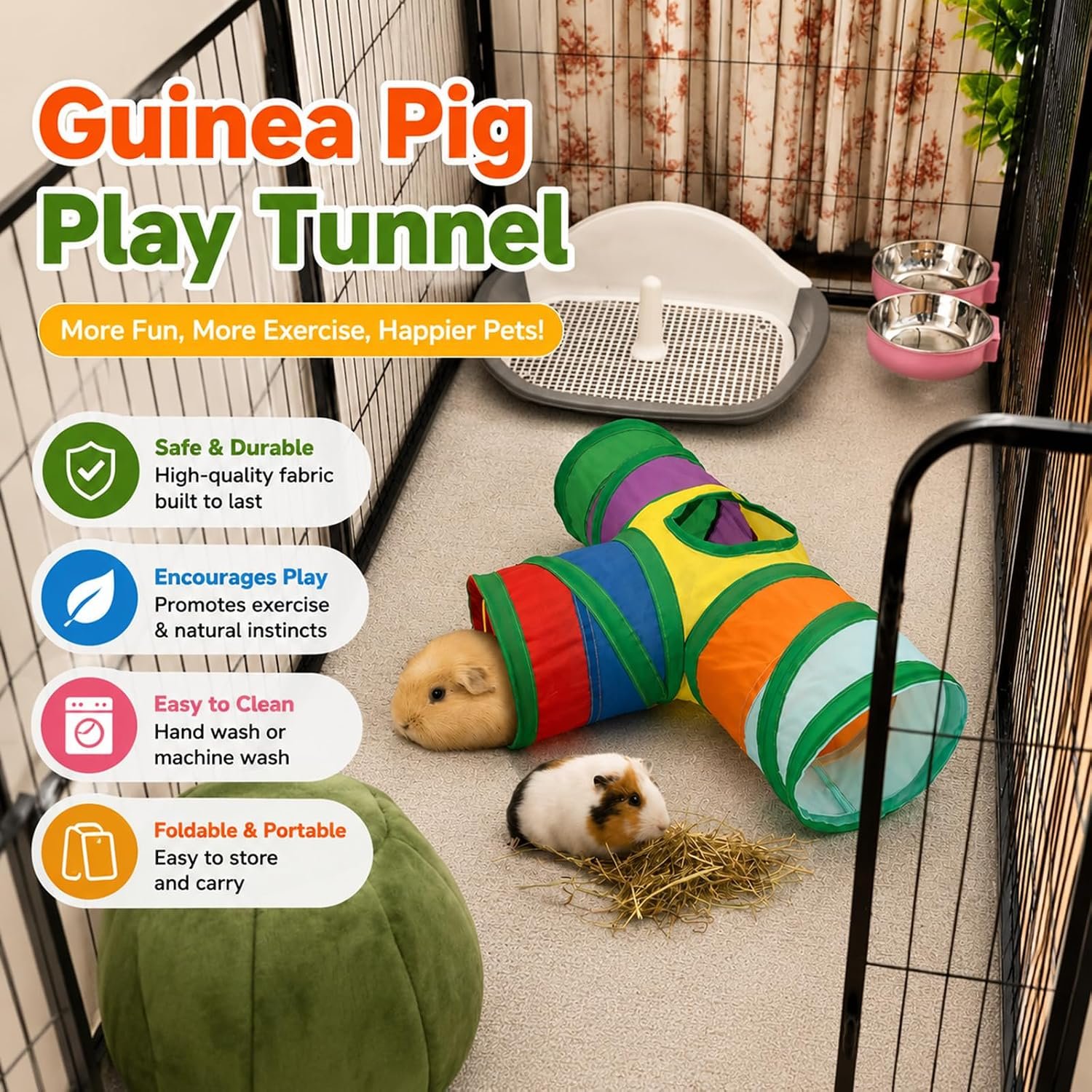 Rypet Guinea Pig Tunnel Hideout 3-Way Collapsible Small Pet Tubes, Rainbow | 3 Way Design for Exploration, Collapsible for Easy Storage, Built-in Play Ball, Hiding & Resting for Hamsters Ferrets - Image 4
