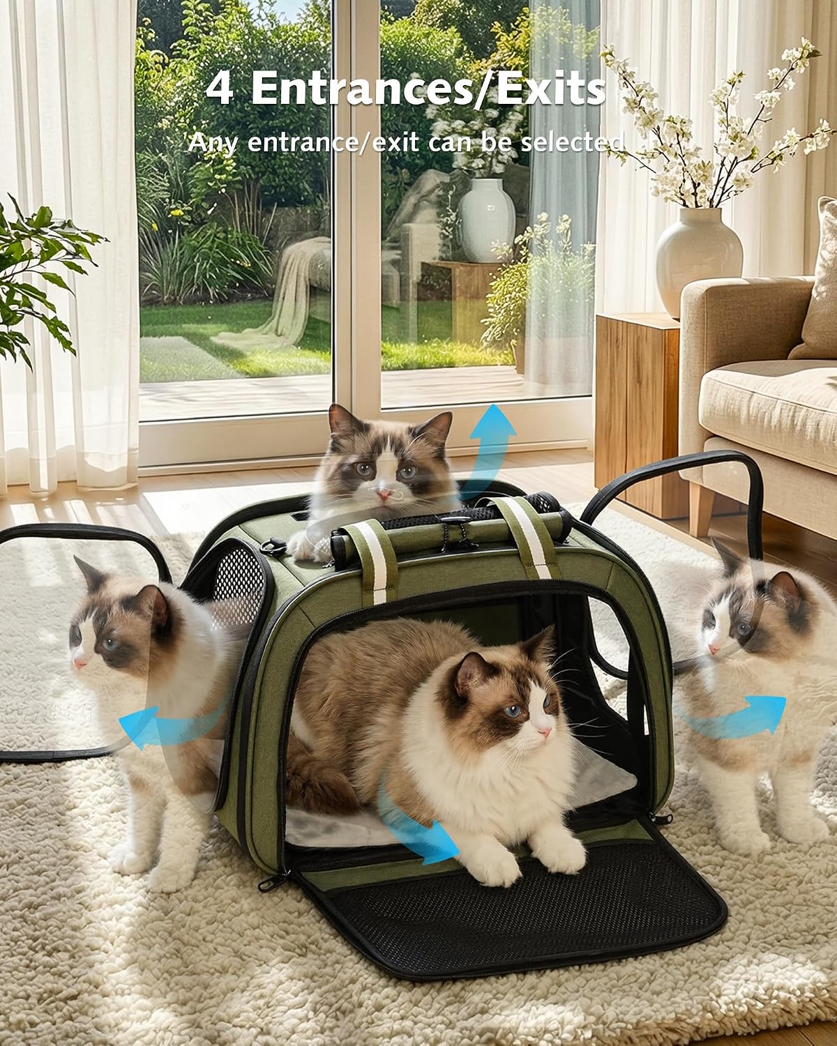 Pecute Cat Carrier with Bubble Window & Sunshade for Dogs Cats, Green L | Dual bubble windows & top sunshade, 70% more airflow mesh, Impact-resistant stable frame, Locking zippers, Fits up to 15 lbs - Image 7