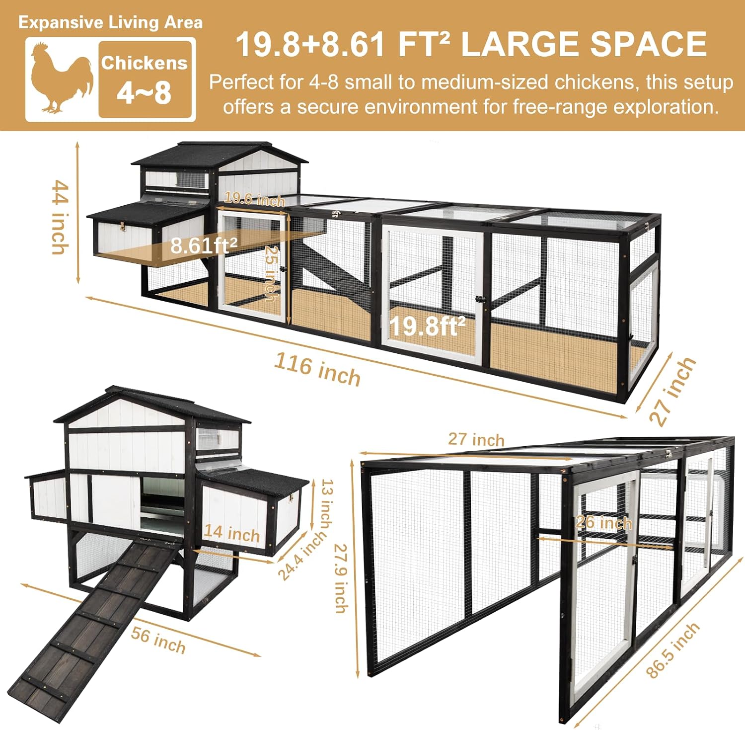 PetsCosset 116" L Large Chicken Coop and Run, Hen House with 4 Nesting Box Boxes, Rabbit Hutch Poultry Bunny Cage for 4-6 Chickens with 4 Perches, Removable Tray and Ramp and UV-Resistant Roof Panel - Image 2