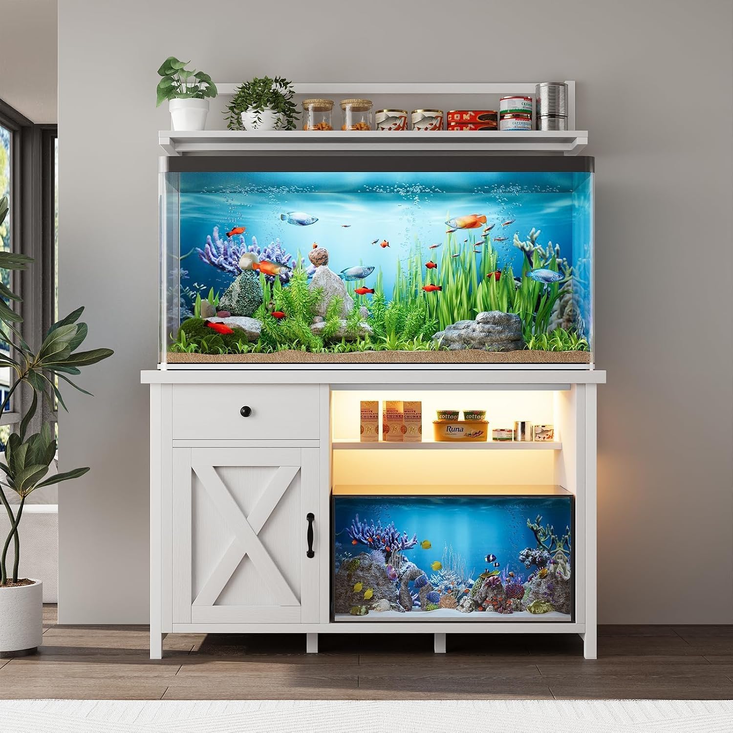 55-75 Gallon Fish Tank Stand with Power Outlet, Led Light, Heavy Duty Aquarium Stand with Cabinet for Fish Tank Accessories Storage, Shelf, for Turtle Tank, Reptile Terrarium, 1100 LBS (White) - Image 8