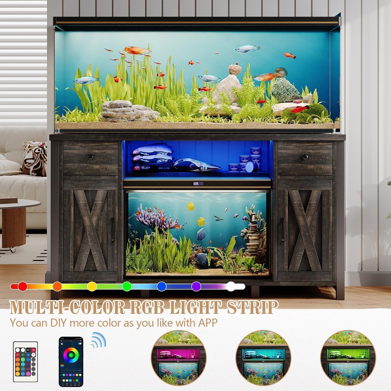 4ever2buy 55-75 Gallon Fish Tank Stand with Power Outlet & LED Lights, Heavy Duty Aquarium Stand with Storage Drawers & Barn Doors, Reptile Tank Cabinet for Turtle, Reptile Terrarium, Dark Oak - Image 3