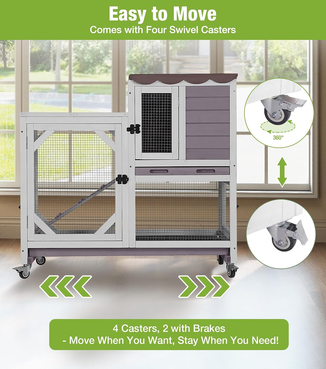 GUTINNEEN Wooden Duplex Rabbit Cage on Wheels with Chew-Proof Ramp, Grey | 4 mobile swivel casters, 2-story design, waterproof rain cover, 5 access doors, 2 sliding trays - Image 3