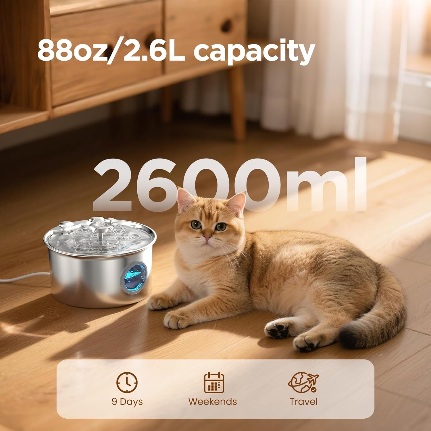 Stainless Steel Cat Water Fountain: 88oz/2.6L Cat Fountain for Drinking | Pet Water Fountain for Cats Inside with Flower Quiet Cats Dispenser Kitty Drinking Fountains Indoor for Pets& Small Animals - Image 2