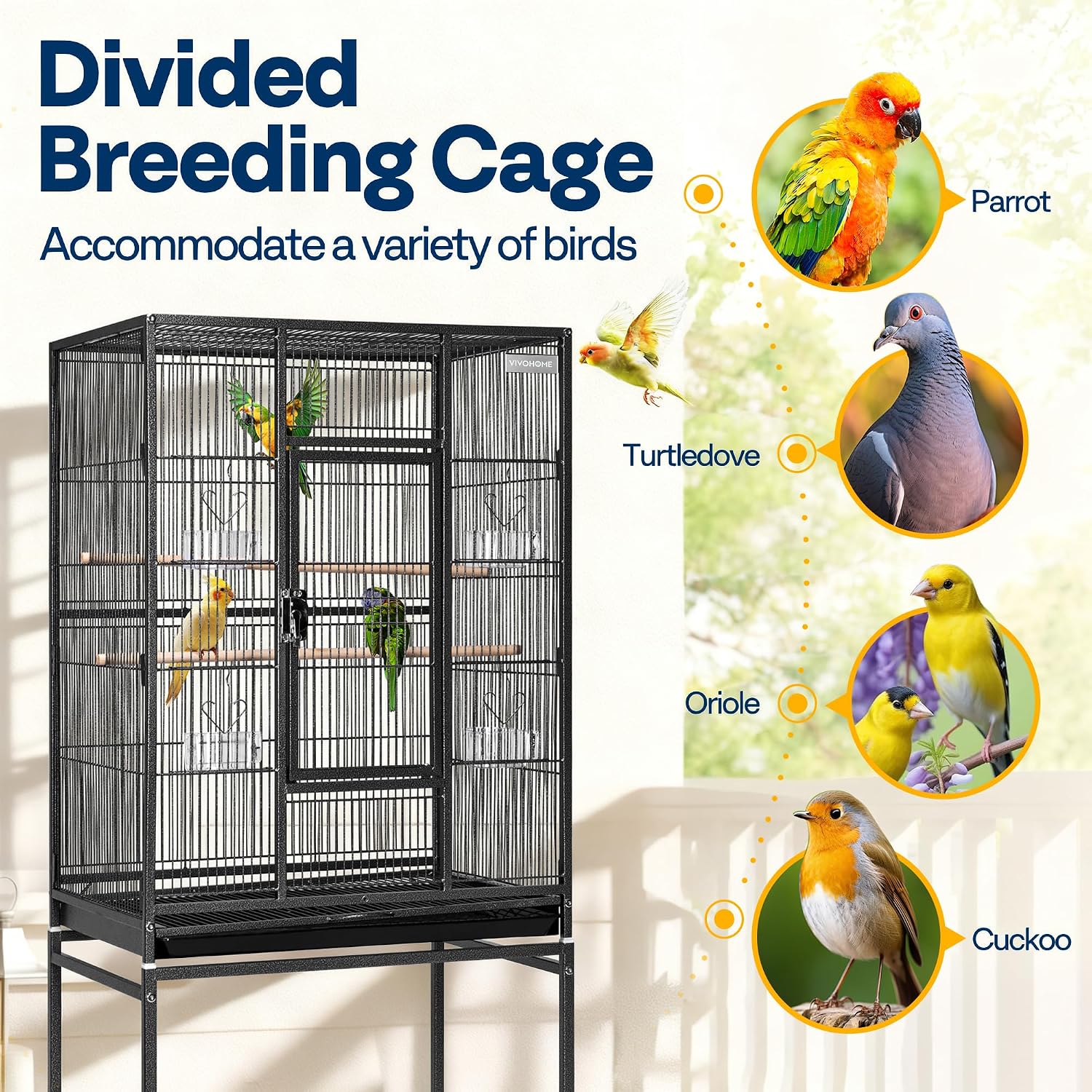 VIVOHOME 54 Inch Wrought Iron Large Bird Cage with Rolling Stand | Bird Flight Cage with Stand, Casters, Slide-out Tray for Parakeets Canaries Parrot Cockatiels Lovebirds Conures, Black - Image 6