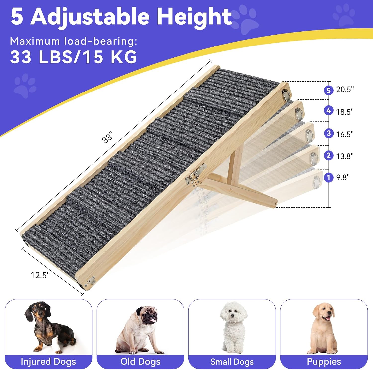 2026 Upgraded Dog Ramp for Couch, Foldable Small Dog Ramp for Sofa, 5 Adjustable Height from 9.8" to 20.5", Portable Stable Pet Steps with Non-Slip Pad, Pet Ramps Use for Sofa Couch Stairs - Image 4