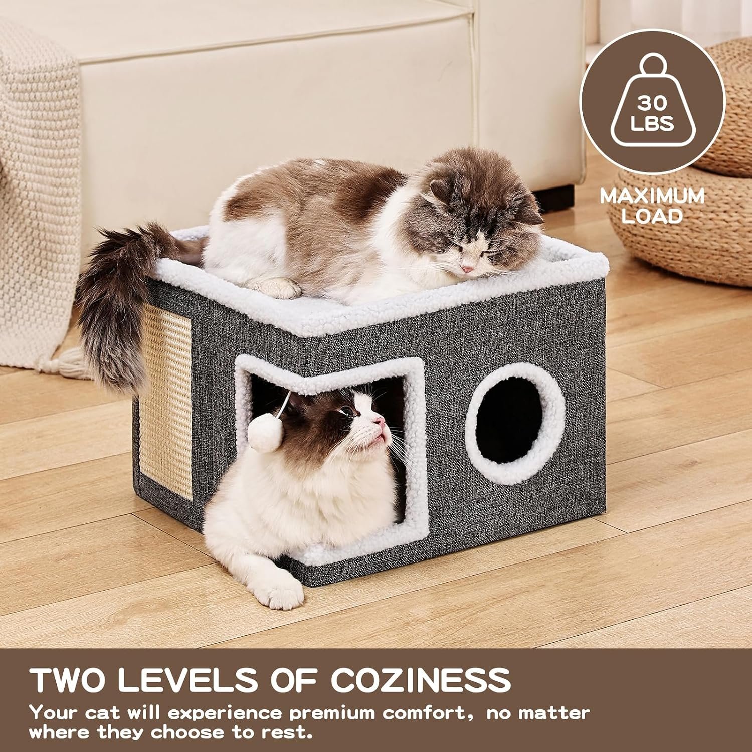 Large Cat Houses for Indoor Cats with Fluffy Ball and Scratch Pad | Foldable Cat Bed Cave for Multiple Pets, Kitten Bed for All Seasons, Non-slip, Hold Up to 30LBS, 16x16x13inch, Grey - Image 3