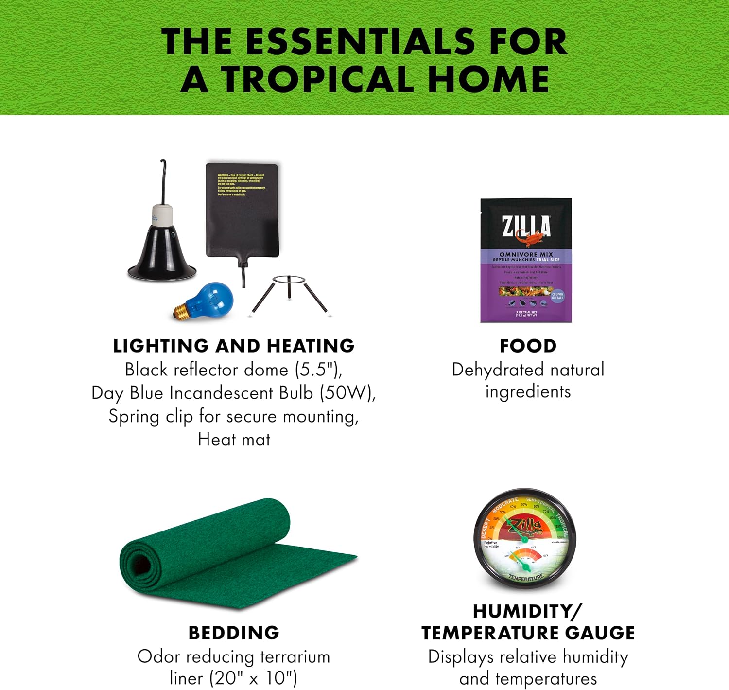 Zilla Tropical Habitat Accessory Kit, Starter Kit for Reptiles, Easy Start for Tropical-Dwelling Reptiles, Includes Lighting, Heating, Bedding and Food, Ideal for Size 10G Terrariums - Image 5