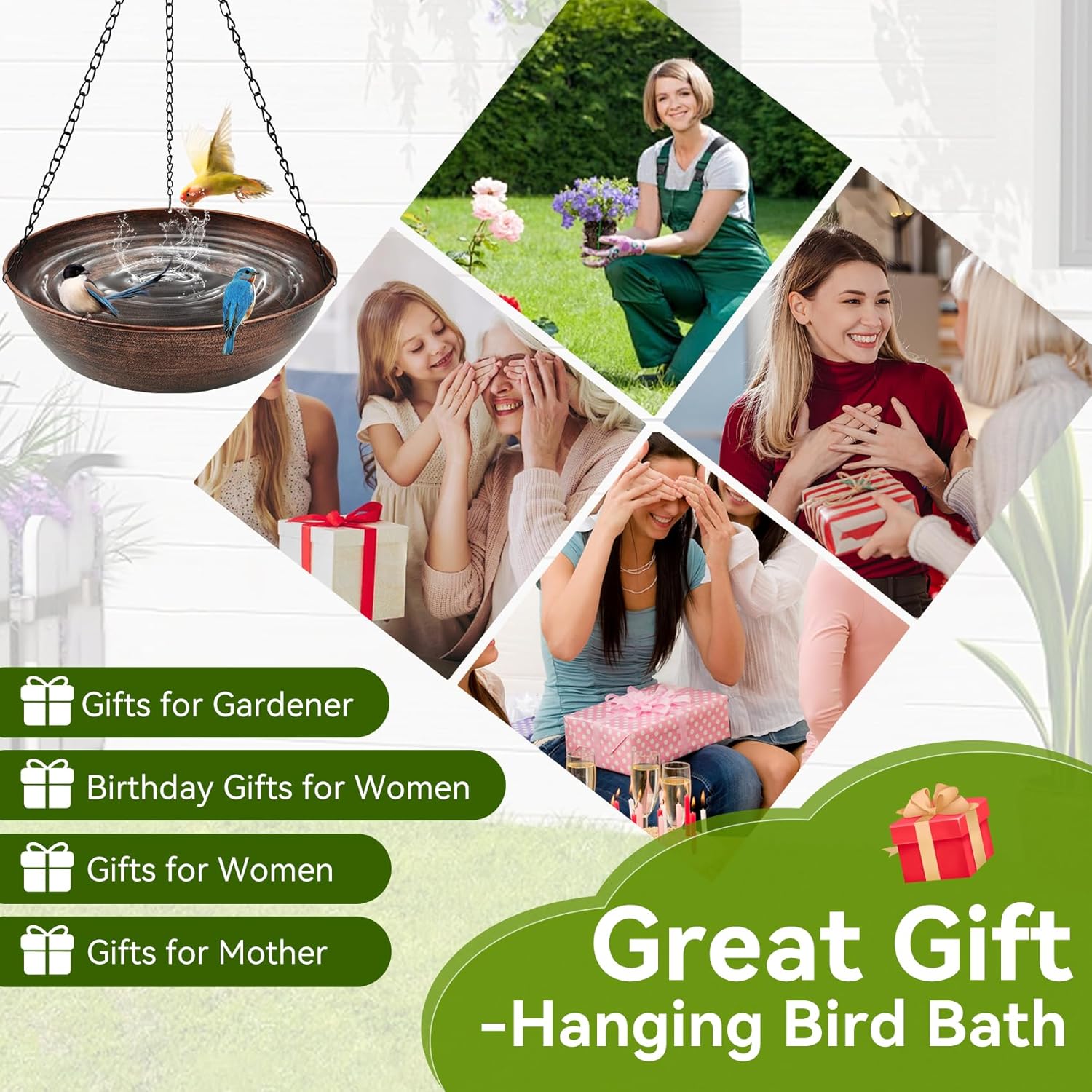 13" Metal Hanging Bird Bath with Chains and Hook | 3" Deep Bowl, 1.4Gal Capacity, 3 Chain Support, Easy Cleaning, Rust Resistant, Birdbath or Bird Feeder Garden Decor - Image 9