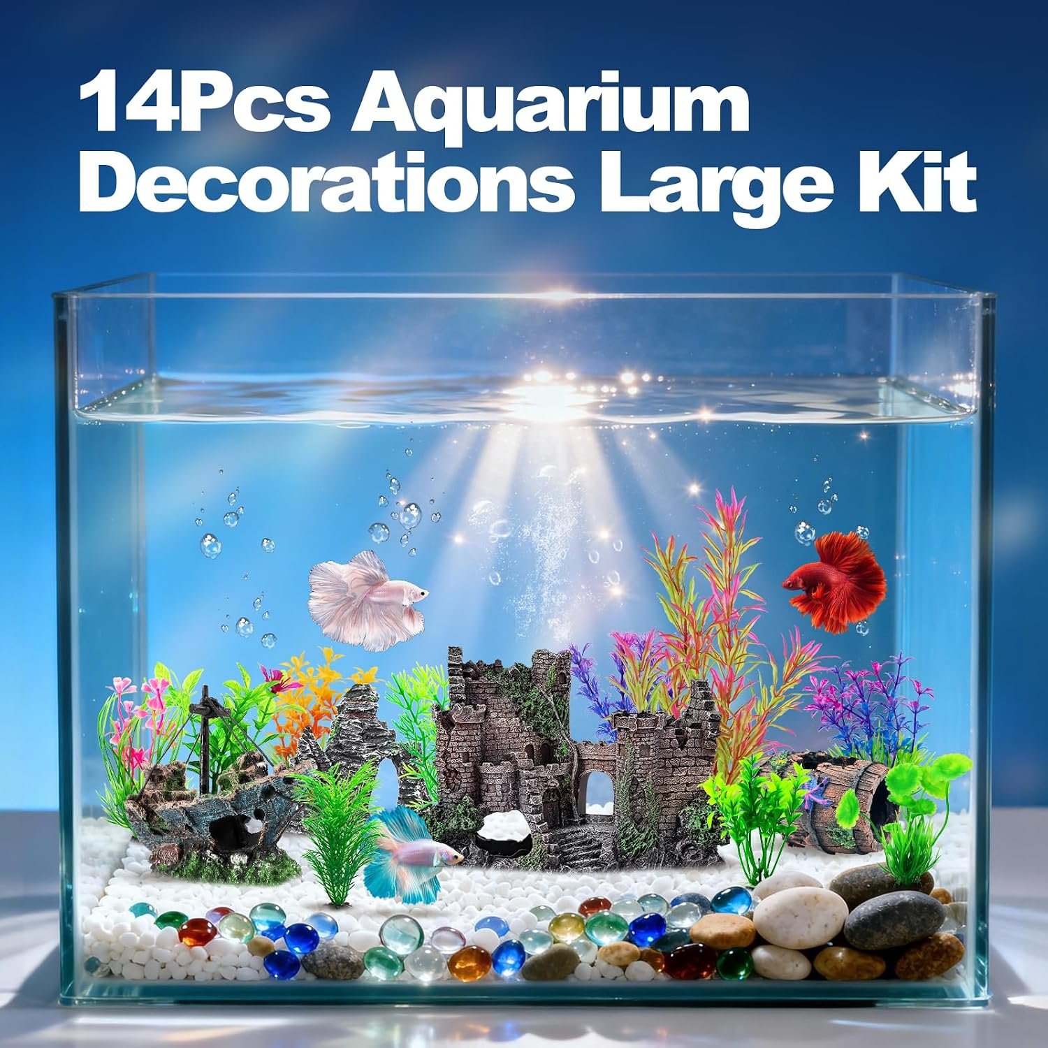 CousDUoBe 14 Pcs Aquarium Decorations Large Kit,Castle Fish Tank Bubbler Decorations,Starfish Barrel, Resin Cave Rock,Resin Material Sunken Ship,Aquarium Plants Large Fish Bowl Ornaments - Image 6