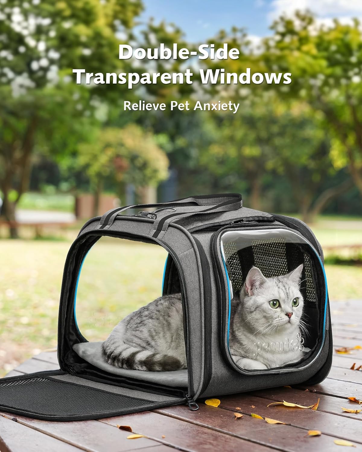 Pecute Cat Carrier with Bubble Window & Sunshade for Dogs Cats, Gray M | Dual bubble windows & top sunshade, 70% more airflow mesh, Impact-resistant stable frame, Locking zippers, Fits up to 11 lbs - Image 6