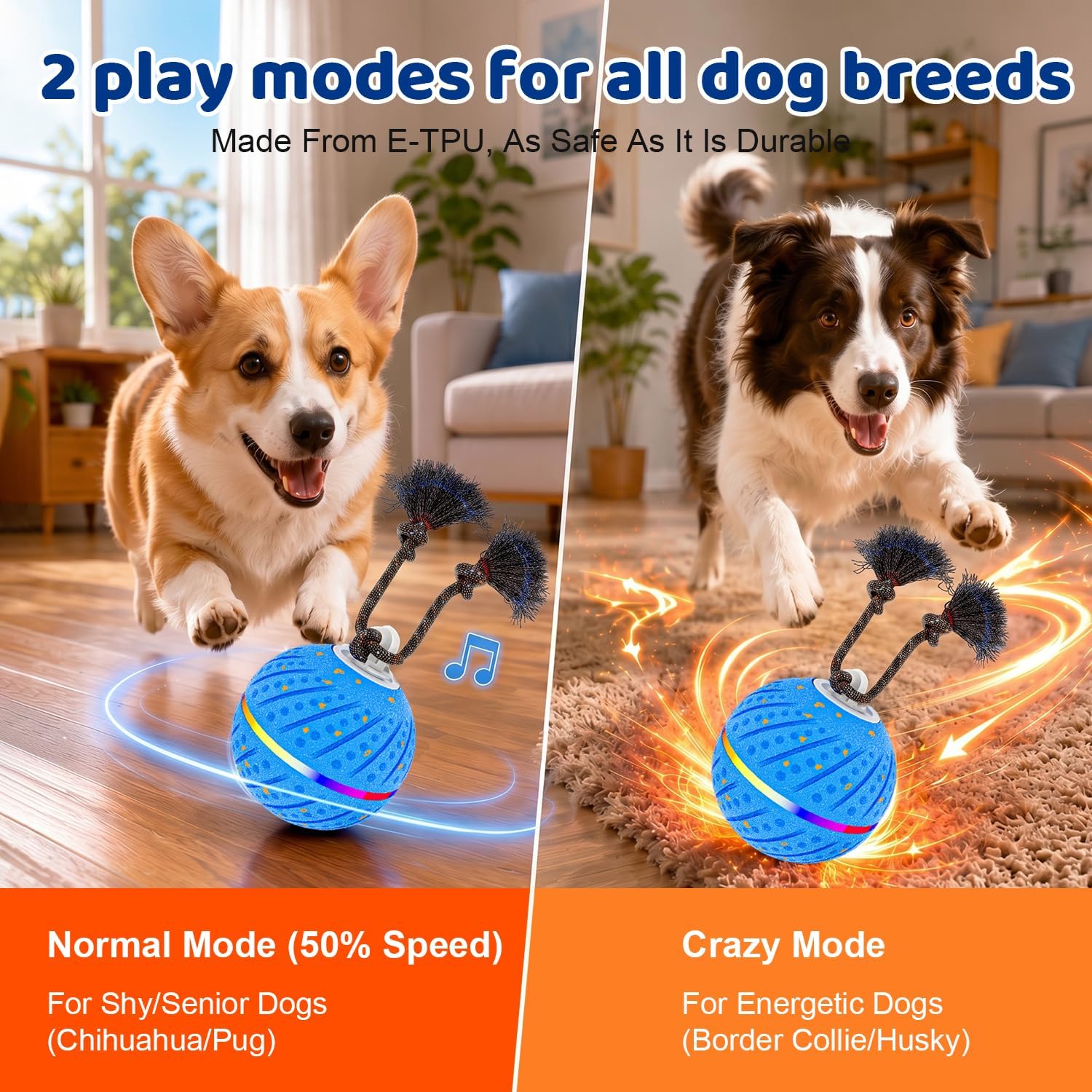 Smart Interactive Dog Toys Ball for Aggressive Chewers Medium Large,E-TPU | Auto-Moving & Bouncing Ball, 2 Modes with RGB Lights & Bird Sounds,Bite-Resistant Rope, IP54 Waterproof, Type-C Fast Charge - Image 6