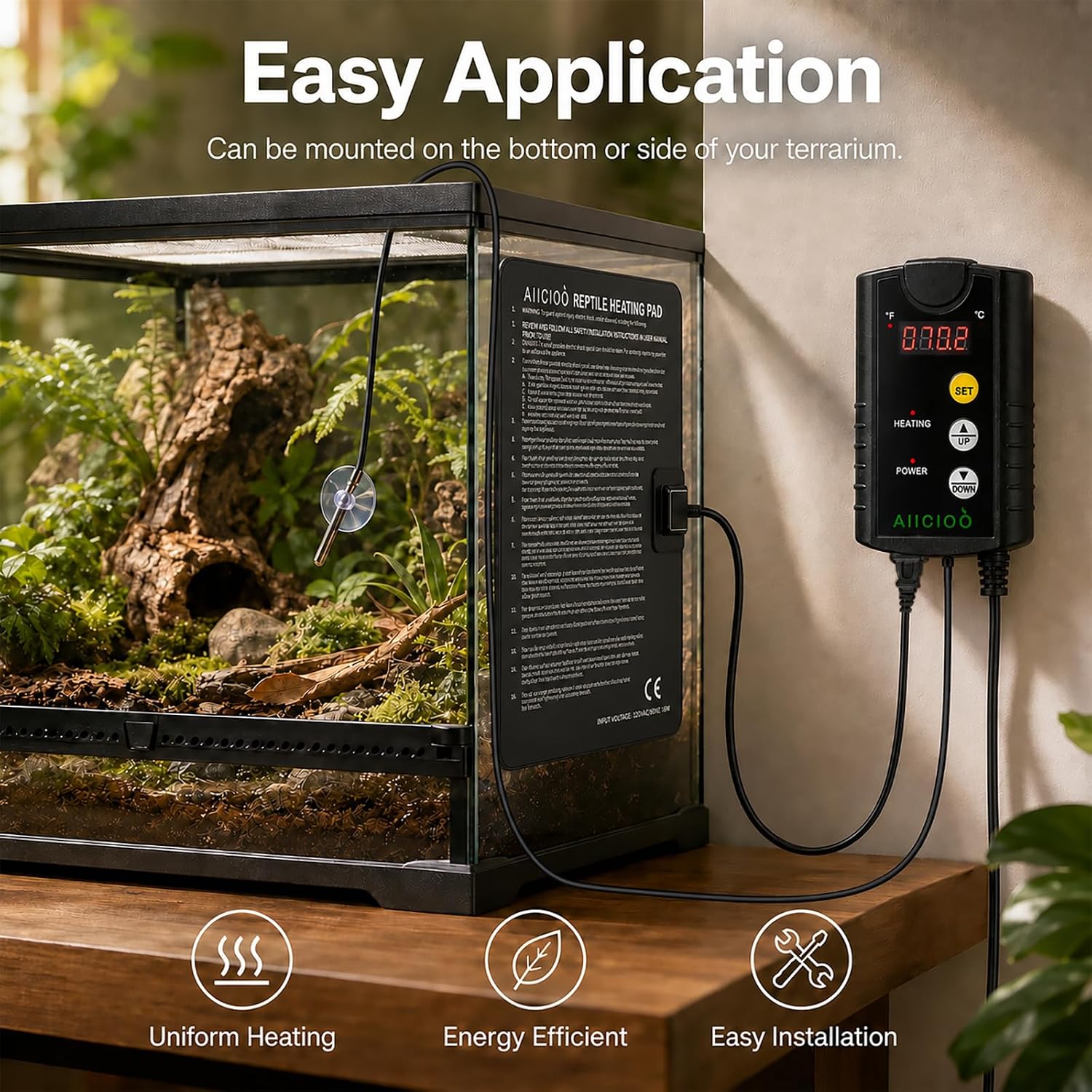 Aiicioo Under Tank Heater Thermostat - Reptile Heating Pad with Temperature Control Reptile Heat Mat for Combo Set for Hermit Crab Lizard Terrarium 16W - Image 6
