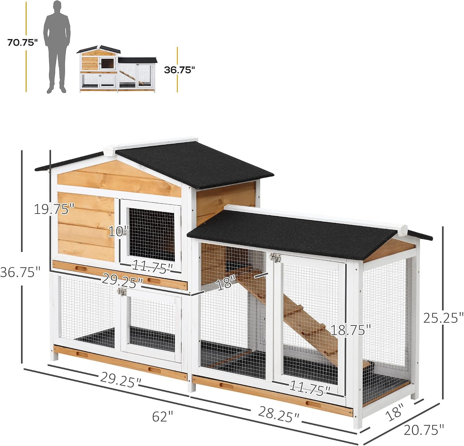 PawHut 62" Rabbit Hutch, Wooden Bunny Hutch, Guinea Pig Cage, Small Animal Enclosure with Run Area, Removable Tray, Asphalt Roof, Lockable Doors and Ramp, Nature Wood | Wooden Bunny Hutch, Guinea Pig Cage, Small Animal Enclosure, Removable Tray, Asphalt Roof, Lockable Doors, Ramp for Ducks - Image 7