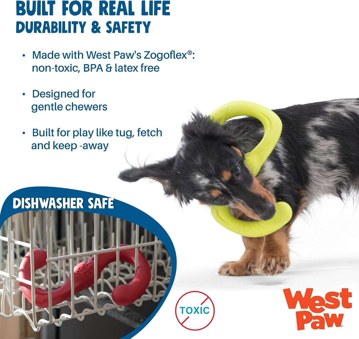 West Paw Zogoflex Bumi Dog Tug Toy – S-Shaped, Lightweight Chew Toys for Fetch, Play, Pet Exercise – Tug of War Soft Flinging Squishy Chewy Toy for Dogs – Guaranteed, Latex-Free, Large 9.5", Aqua Blue - Image 3