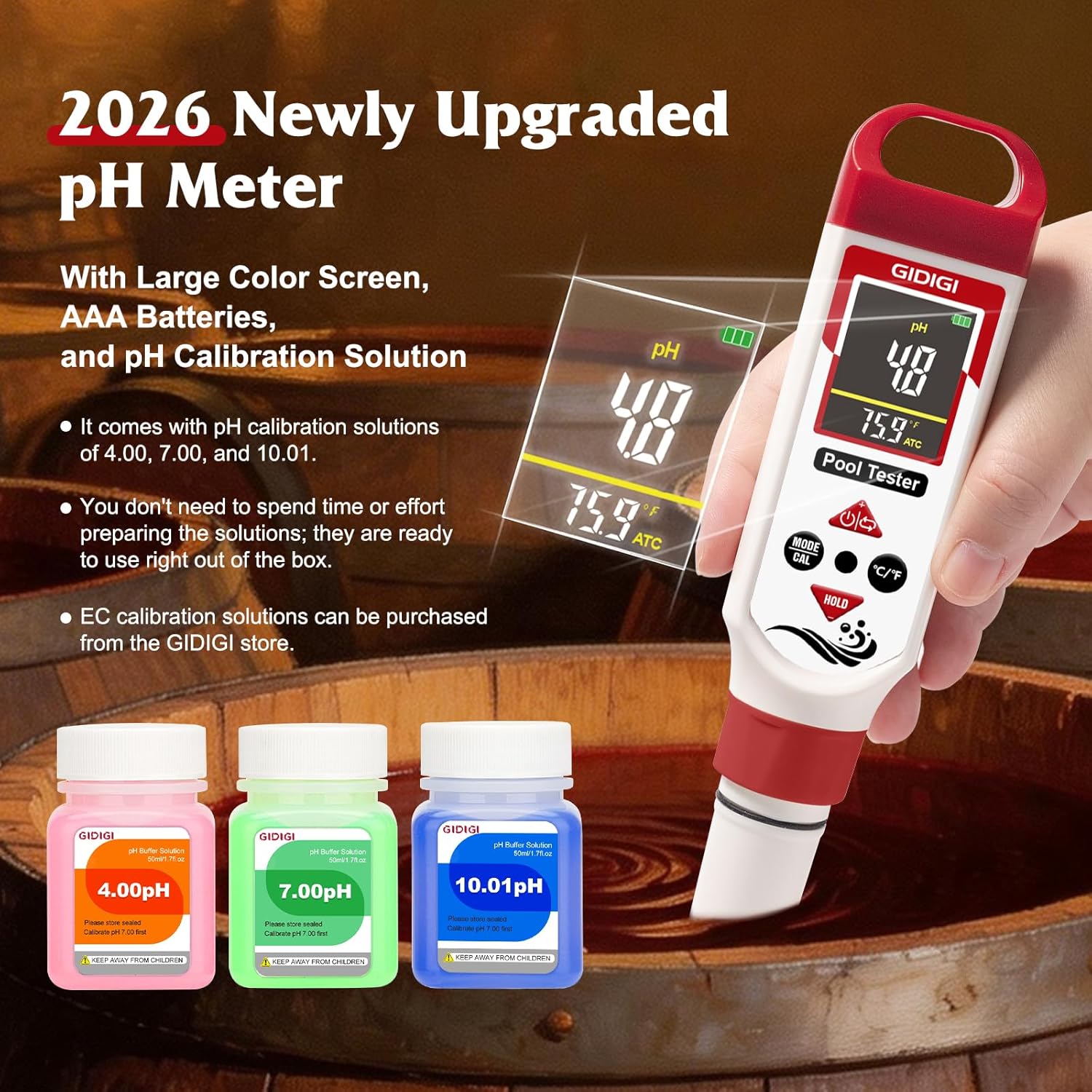 Digital Chlorine Tester for Pool, pH Test kit & Salinity ORP Meter | 7 in 1 Water Quality Tester, for Swimming Pool Hot Tub Aquarium, with AAA battery & pH calibration kit, Digital Color Screen - Image 5