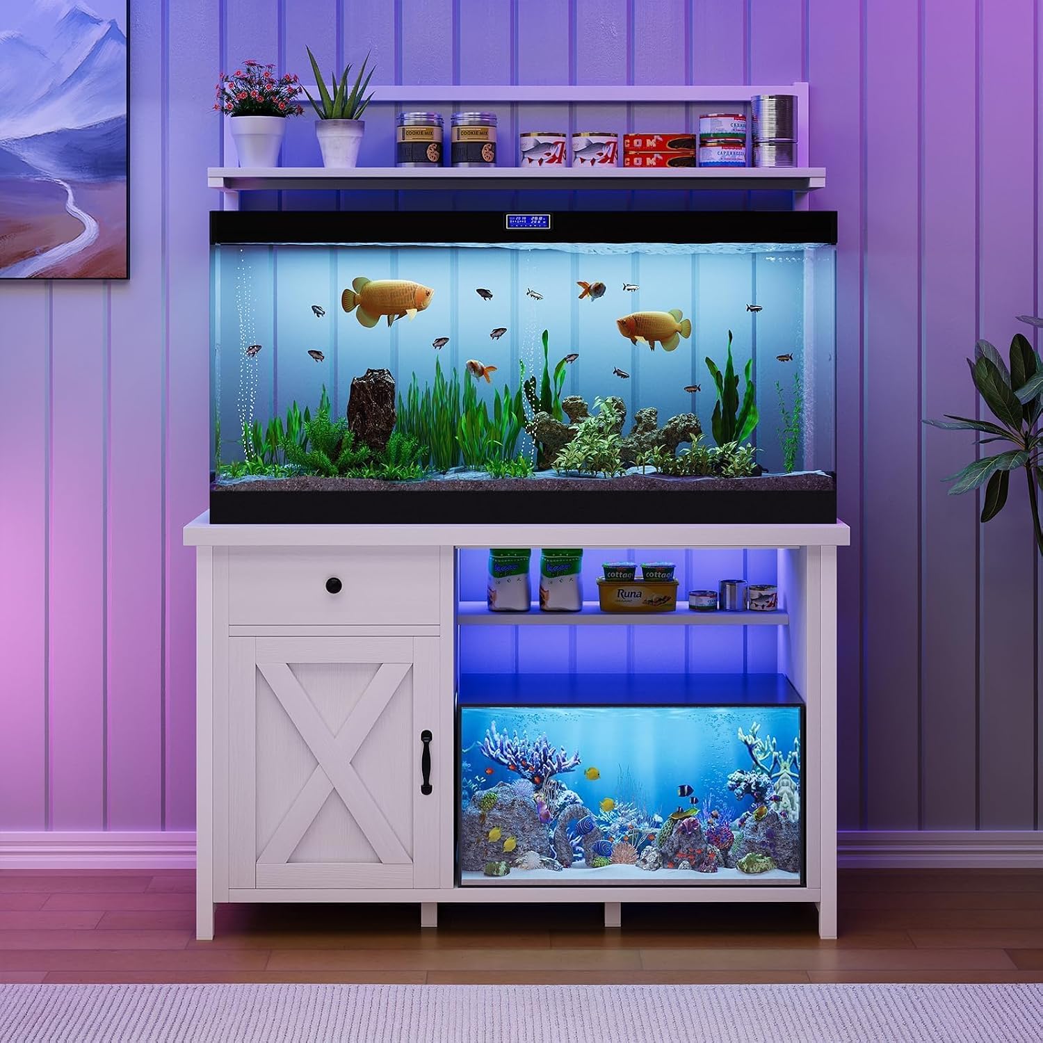 55-75 Gallon Fish Tank Stand with Power Outlet, Led Light, Heavy Duty Aquarium Stand with Cabinet for Fish Tank Accessories Storage, Shelf, for Turtle Tank, Reptile Terrarium, 1100 LBS (White) - Image 9