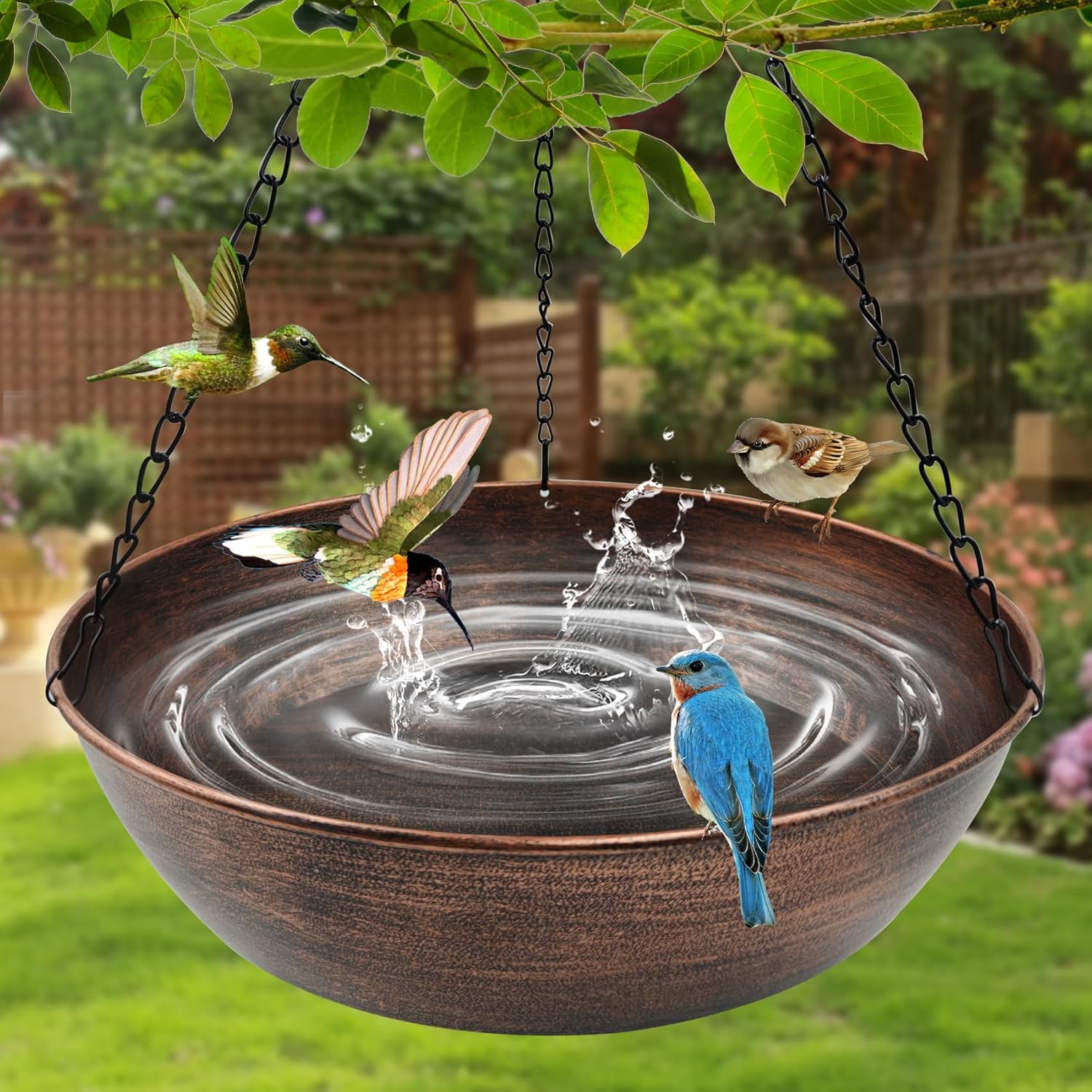 13" Metal Hanging Bird Bath with Chains and Hook | 3" Deep Bowl, 1.4Gal Capacity, 3 Chain Support, Easy Cleaning, Rust Resistant, Birdbath or Bird Feeder Garden Decor - Image 2