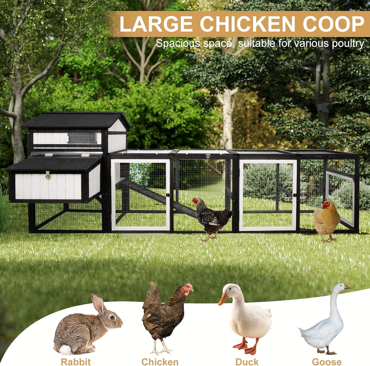PetsCosset 116" L Large Chicken Coop and Run, Hen House with 4 Nesting Box Boxes, Rabbit Hutch Poultry Bunny Cage for 4-6 Chickens with 4 Perches, Removable Tray and Ramp and UV-Resistant Roof Panel - Image 7