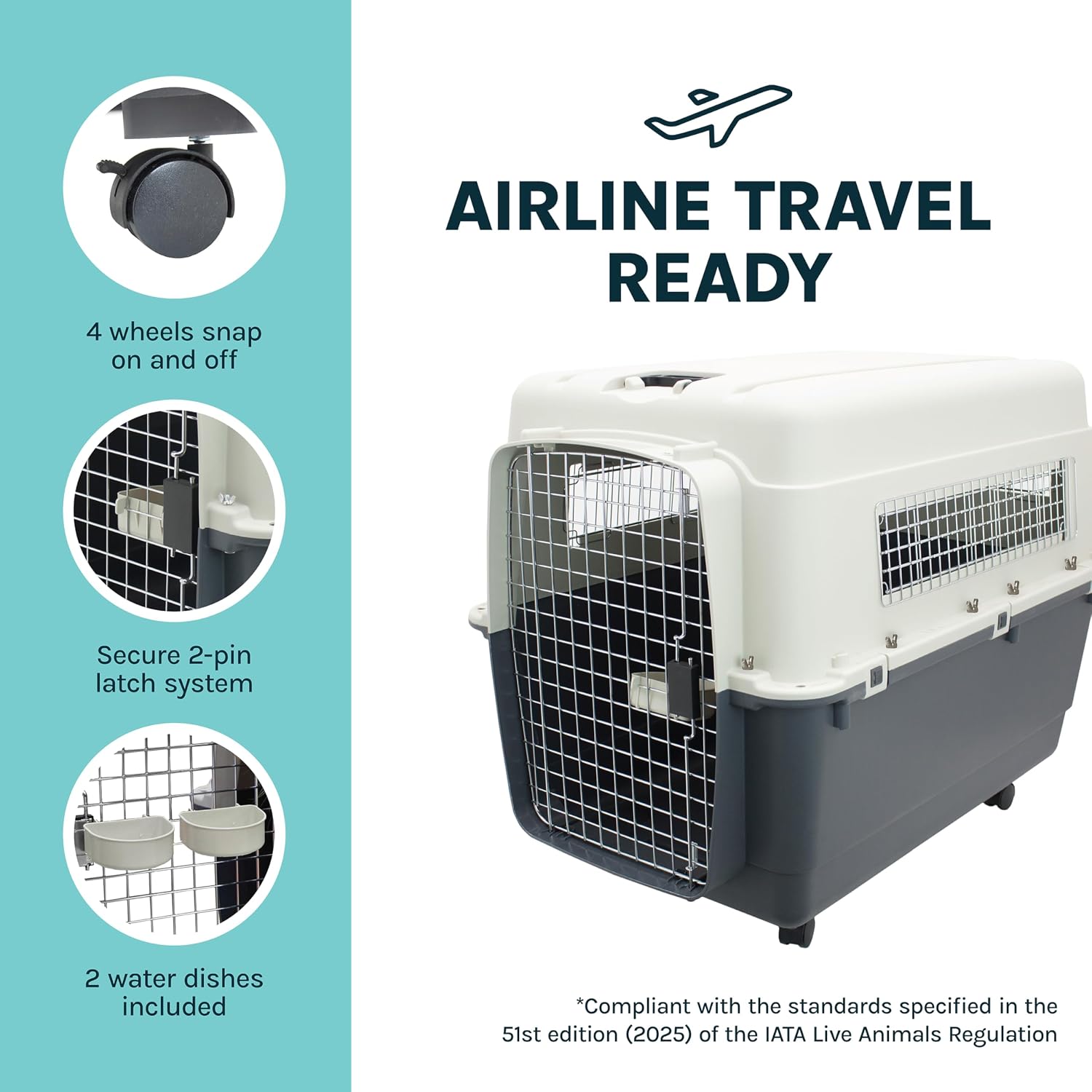 SportPet Airline Compliant XX-LARGE 39" Travel Dog Kennel-Durable Plastic Airline Pet Carrier w/ Removable Wheels & Food Bowls, Collapsible Indoor/Outdoor Dog Kennel, Dogs up to 36"L & 27"H-Cream/Gray - Image 8
