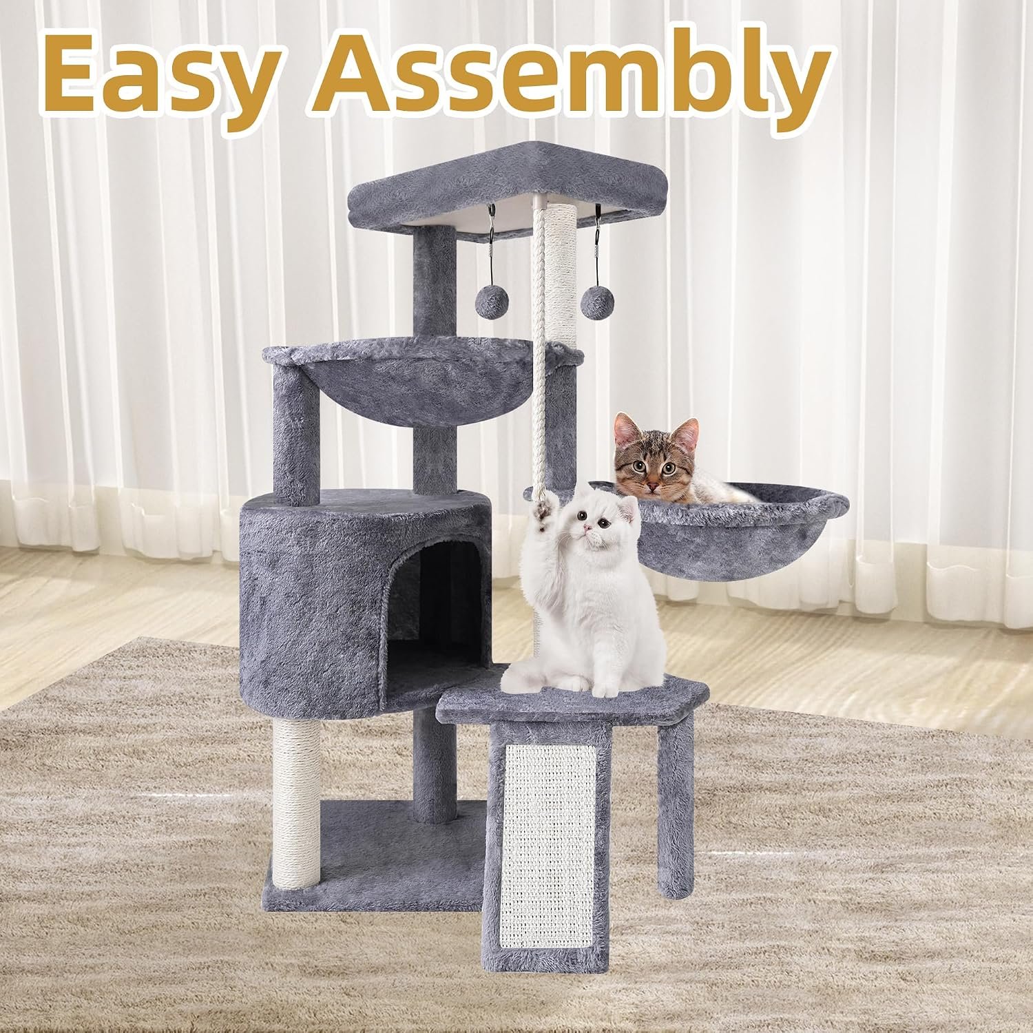 Three Layer Cat Tree with Cat Condo Scratch Pad and Two Hammocks,Grey | 3-Tier Cat Tree,Natural Sisal,Replaceable Hanging Balls,Sturdy Cat Furniture for Kitten&Adult Cat - Image 4