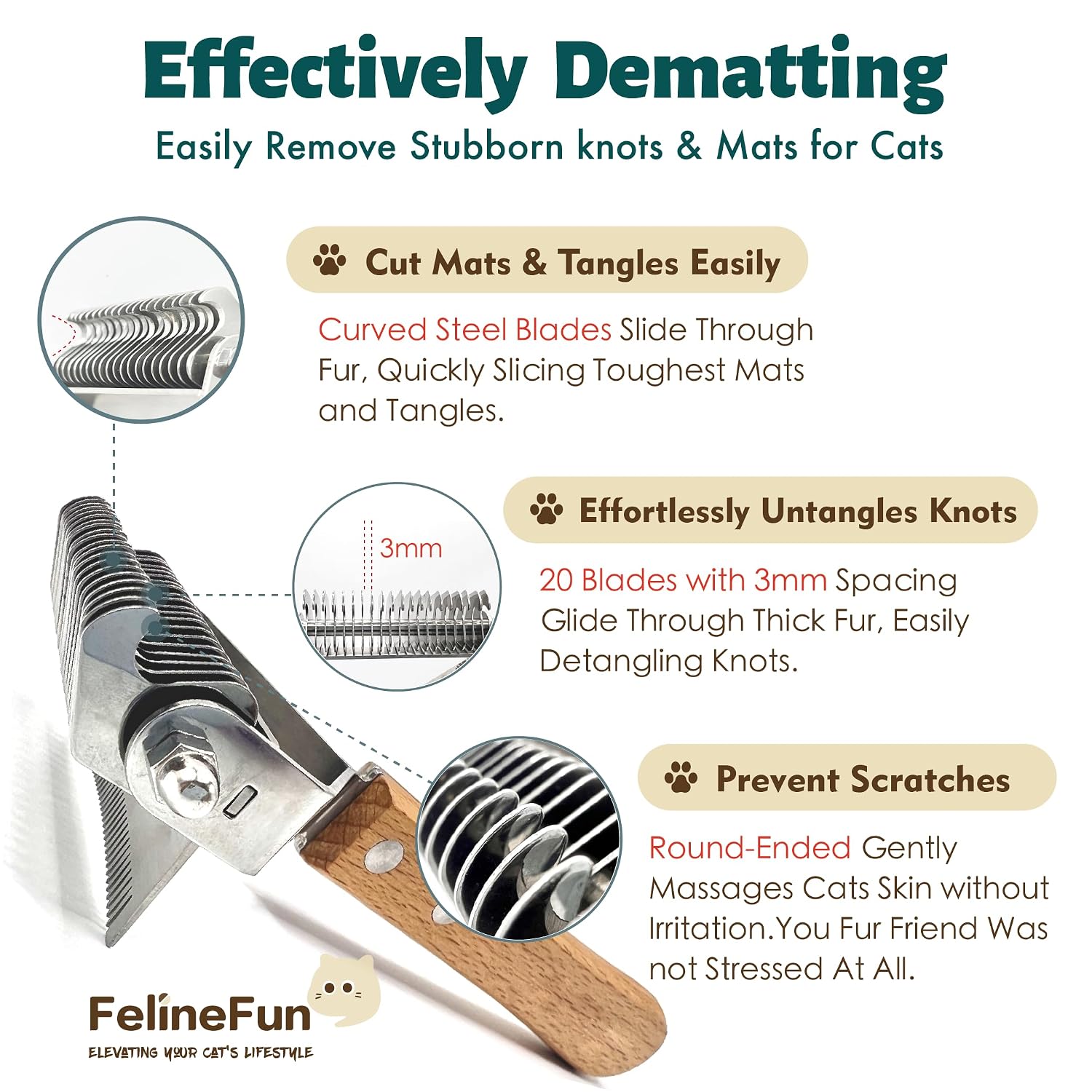 FelineFun Cat Brush for Dematting & Deshedding, 2 in 1 Undercoat Rake, Efficiently Remove Loose Hair & Matted Fur, Professional Shedding Comb for Indoor Cats & Long Haired Cats - Image 4