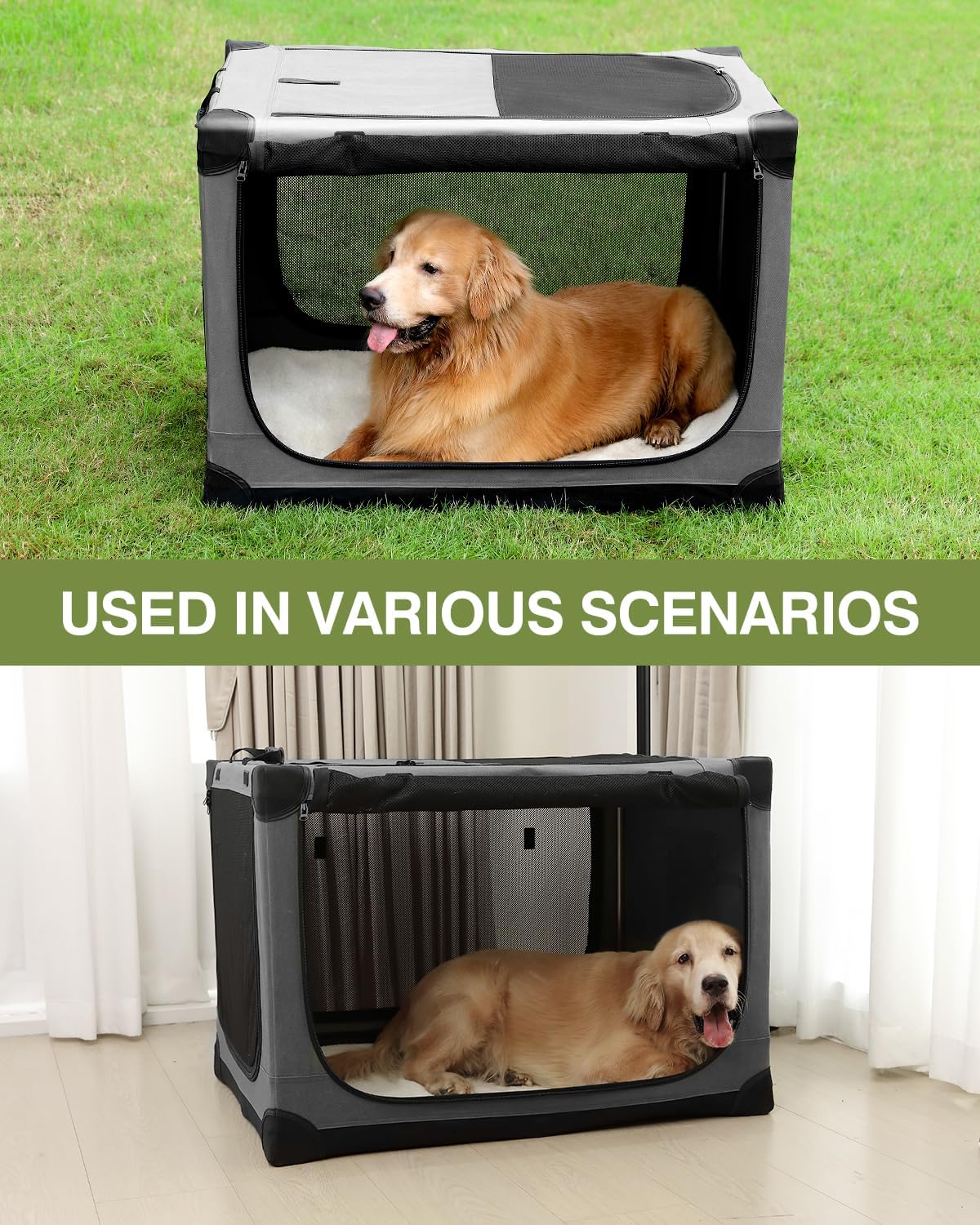 33 x 25 x 25 Inch Collapsible Soft Dog Crate for Dogs Up to 70 lbs, Portable Travel Pet Kennel with 4 Zip Doors, Foldable Indoor Outdoor Crate with Mat, Carry Bag, Grey - Image 5