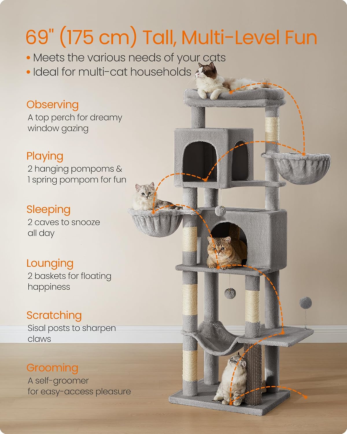 Feandrea Cat Tree, 69-Inch Tall Cat Tower, Multi-Level Plush Condo with 2 Caves, 2 Baskets, 5 Scratching Posts, Self-Groomer, Perch, Hammock, Dove Gray UPCT182G01 - Image 3