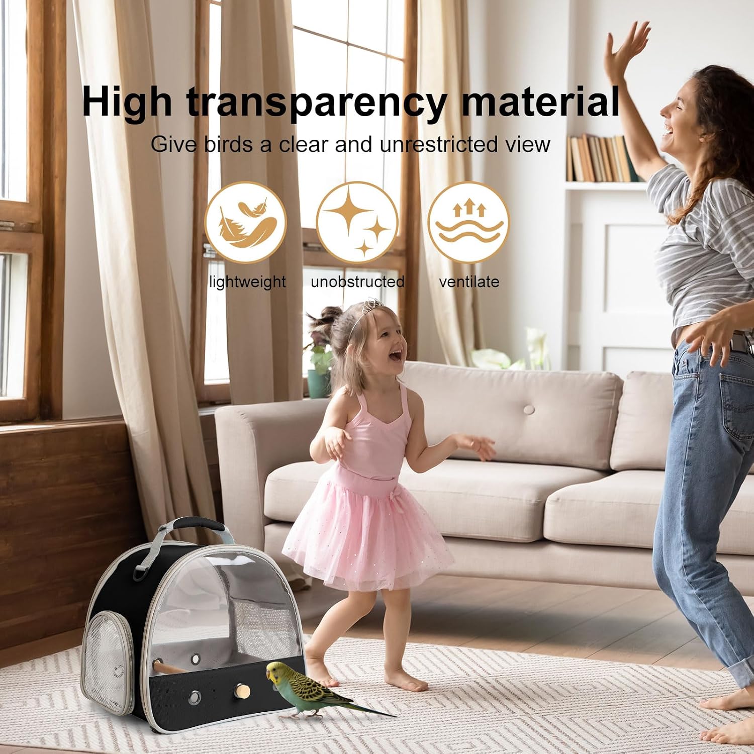 Bird Carrier, Portable Small Bird Parrot Parakeet Carrier with Standing Perch and Stainless Steel Tray, Side Access Window Collapsible (Black, Clear Windows) - Image 5