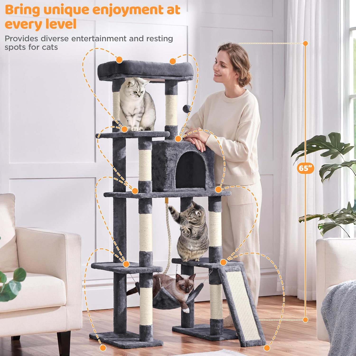 Yaheetech 63in Large Cat Tree for Heavy Cats up to 22lbs, Anti-Wobble Tower with Condo & Hammock, Space-Saving for Indoor Multi-Pet Households, Stops Furniture Scratching - Image 3