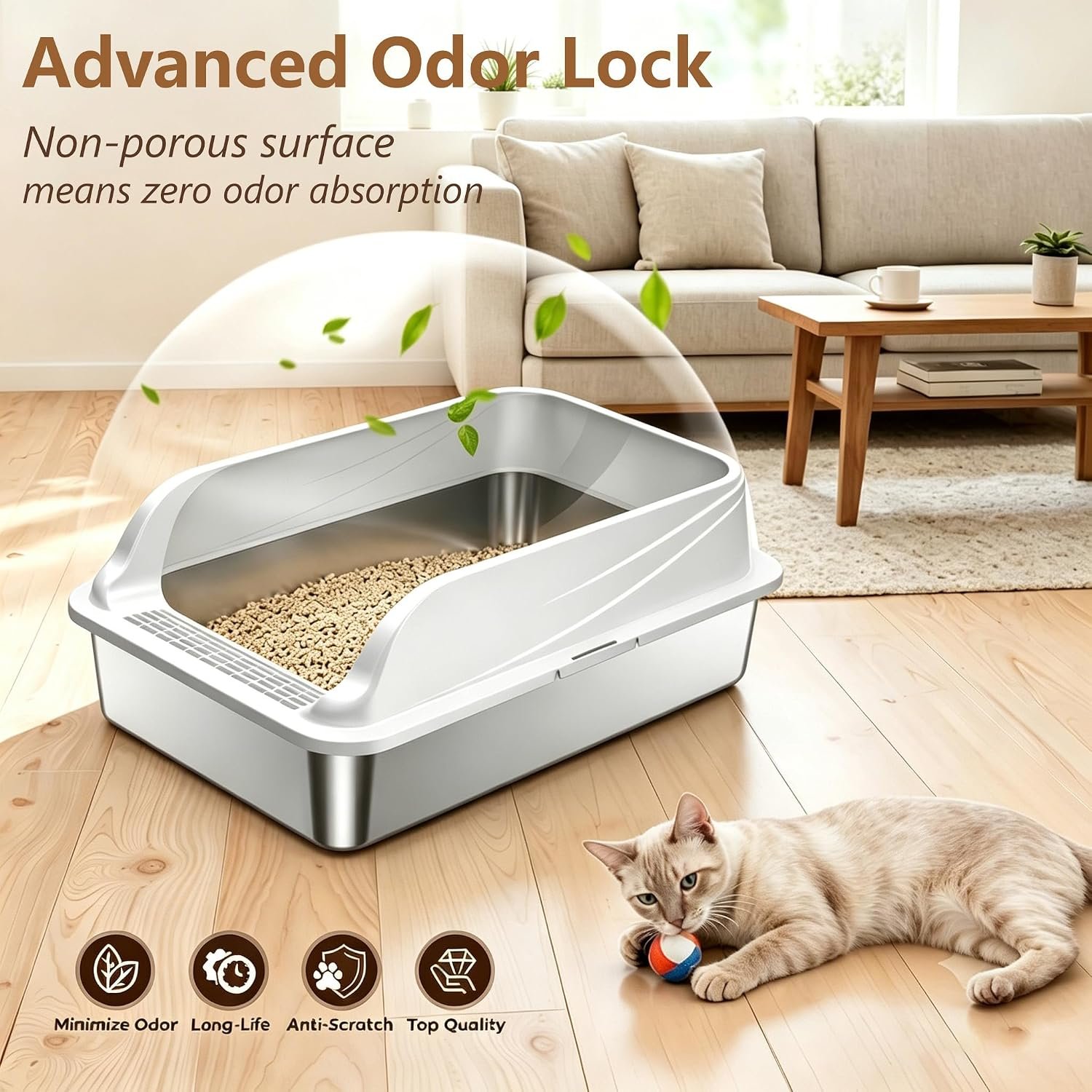 2-Pack Stainless Steel Litter Box Large Easy Clean 2-Scoop Included | Anti-Tracking Step, Odor-Resistant, Rust-Proof, Scratch-Resistant, Non-Slip Pads, Easy Clean, Rolled Safety Edges, Non-slip - Image 4