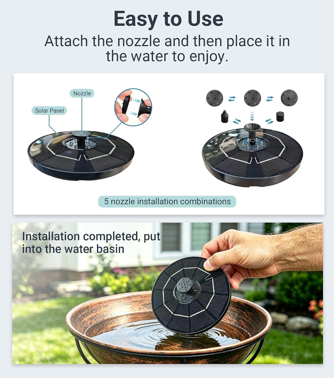 6.3" Solar Bird Bath Fountain with Color LED Lights | 9V/2W Solar Fountain Pump, 800mAh Battery Backup, 4 Fixed Rods 5 Spray Patterns for Birdbath Pond Patio Flowing Water Feature - Image 7