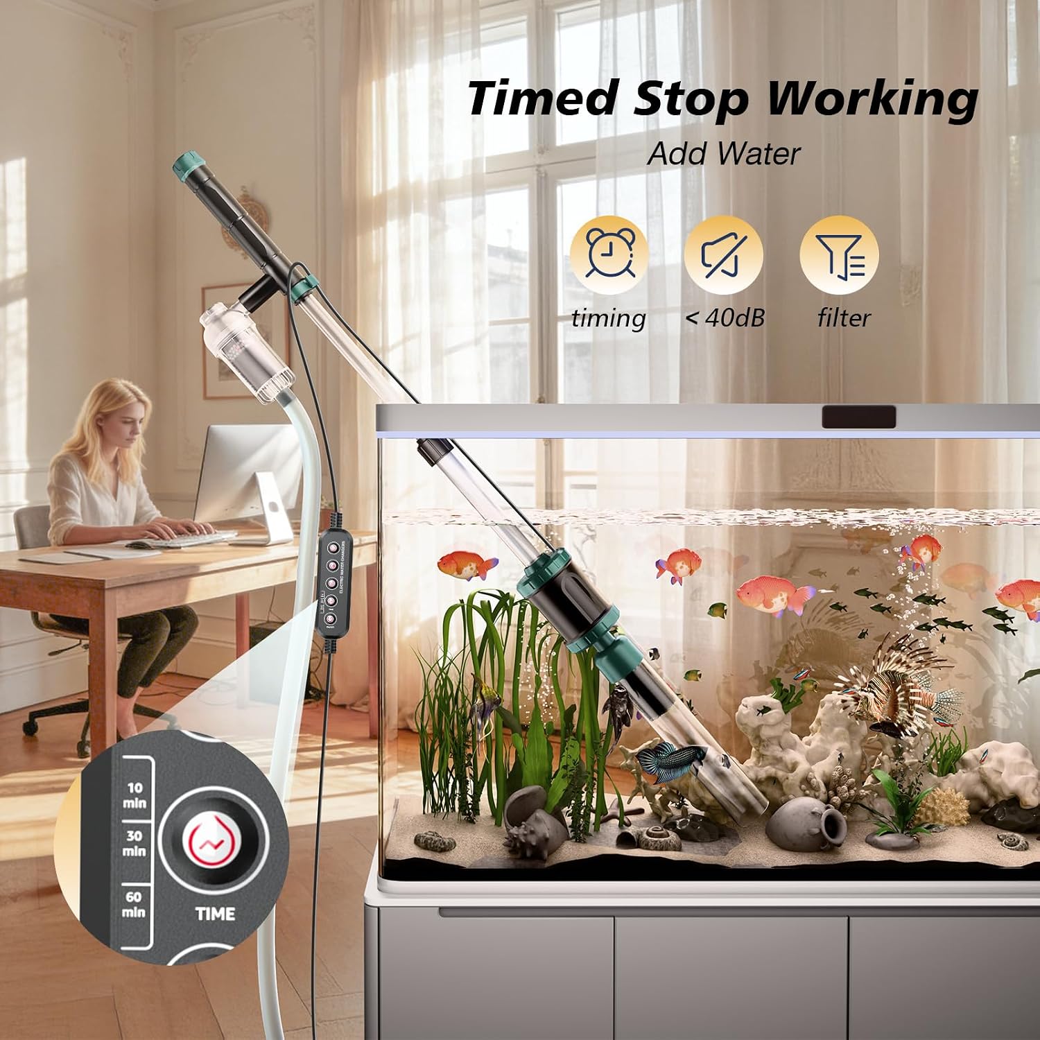 AKKEE Aquarium Vacuum Gravel Cleaner, 36W Electric Fish Tank Cleaner Vacuum, 8 in 1 Multifunctional Aquarium Cleaner for Automatic Water Change, Wash Sand, Water Circulation and Timed Off - Image 7