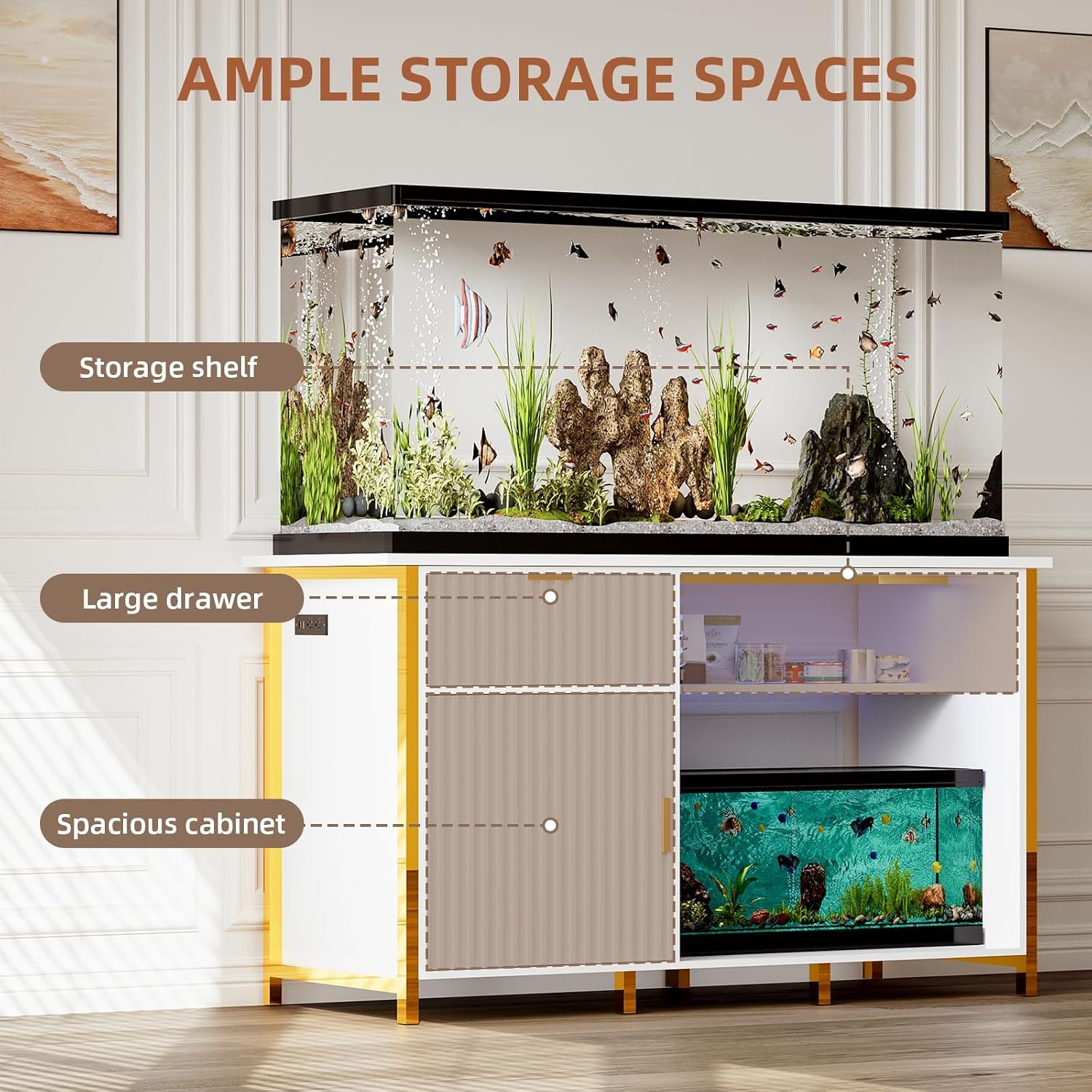 55-75 Gallon Fish Tank Stand, Aquarium Stand with LED Light, White & Gold | 49 x 20 In Top, Modern Fluted Design, 2 Outlets, 2 USB Ports, Shelf Storage, Metal Frame Support, 1100 LBS, Turtle Tank Stand - Image 5