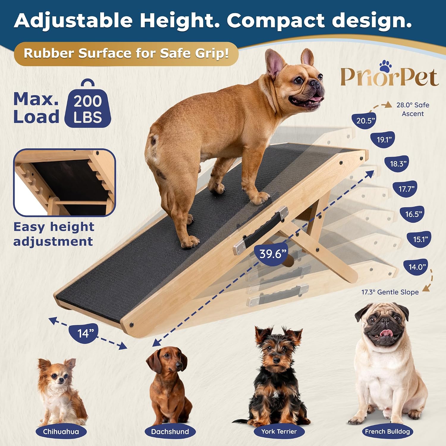 Dog Ramp for Couch – Non-Slip, Sturdy Build Foldable Wooden Dog Ramp – Supports up to 200 lbs – 7 Adjustable Heights (14"–20.5") – Enhanced Stability – Birchwood Pet Ramp for Small Dogs – Natural - Image 2
