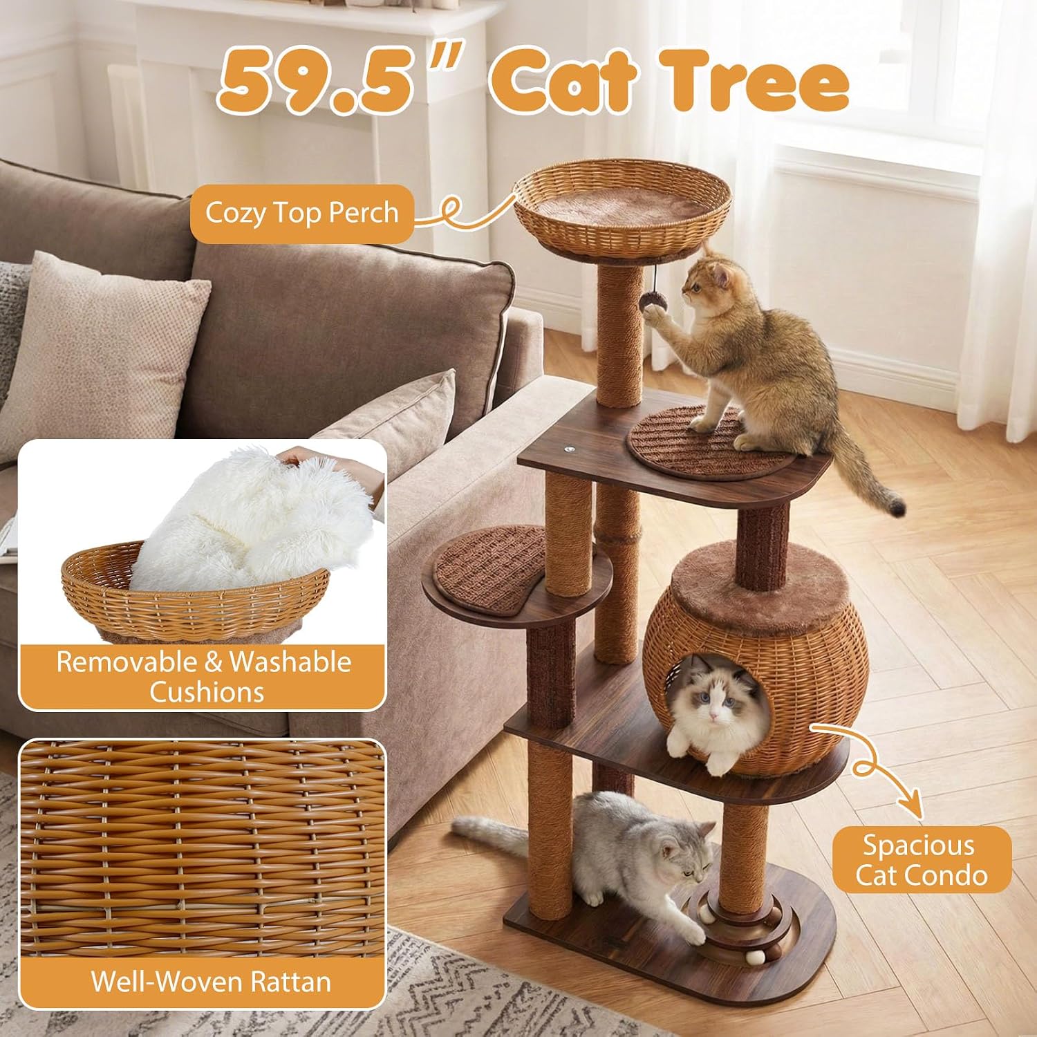 PETSITE 59.5-inch Tall PE Rattan Cat Tree, Multi-Level Modern Wooden Cat Tower with Sisal Scratching Posts, Ball Track Toy, Comfy Condo with Removable Soft Pads, and Hanging Ball, Ideal for Indoor Cat - Image 4
