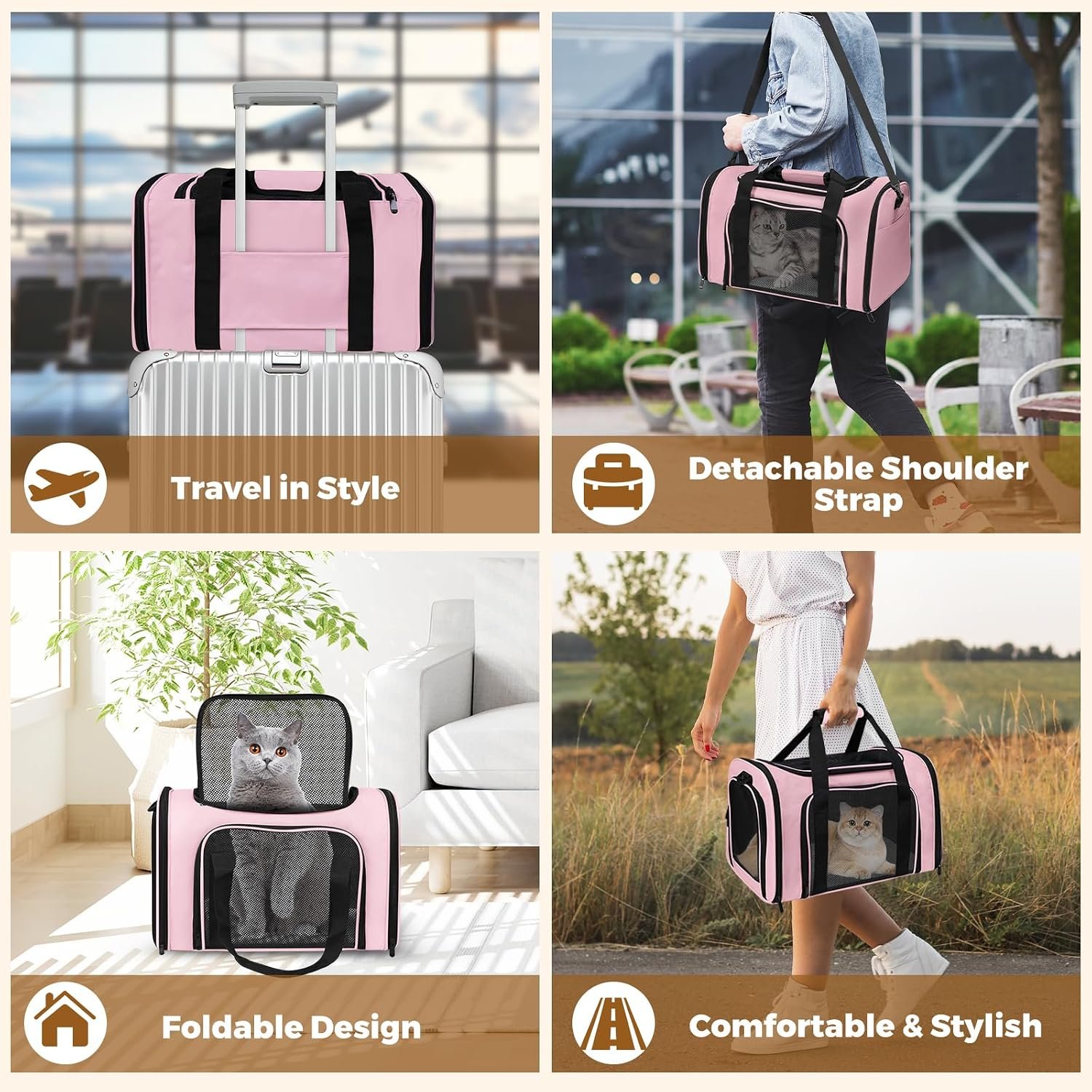 Cat Carrier Soft Up to 16 Lbs, Breathable Pet Travel Bag with Steel Frame | Lockable Zippers, Fits Small Dog, Kitten, Puppy,Rabbit,Medium Travel Carrying Case for Kennel Car Airline Transport,Pink - Image 7