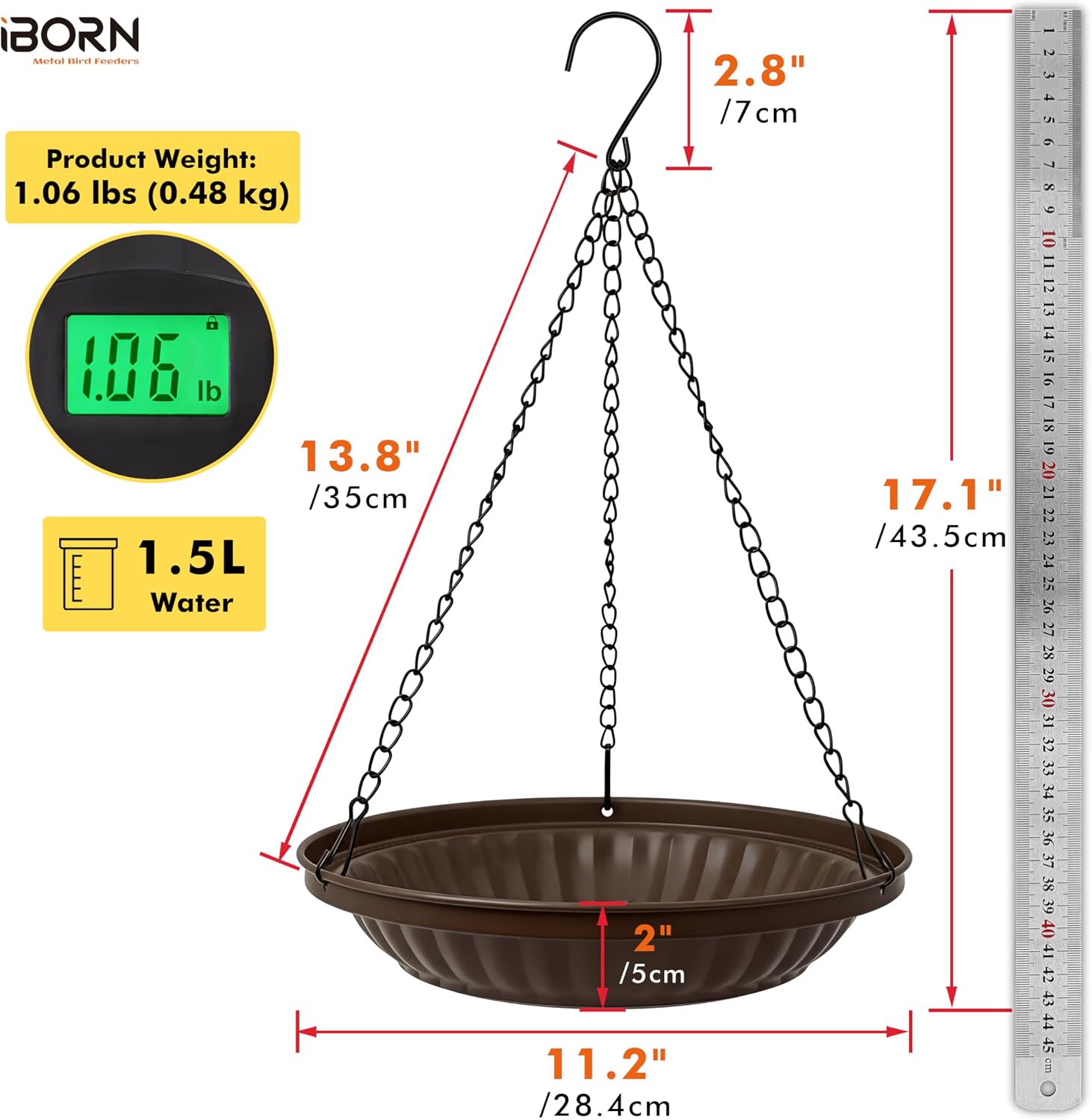 iBorn Hanging Metal Bird Bath Feeder Tray, 1.5L All Metal Wild Birdbath for Outdoor Backyard Garden, Squirrel Chew Proof Rust Resistant for Wild Birds, Bronze, Pack of 1 - Image 2